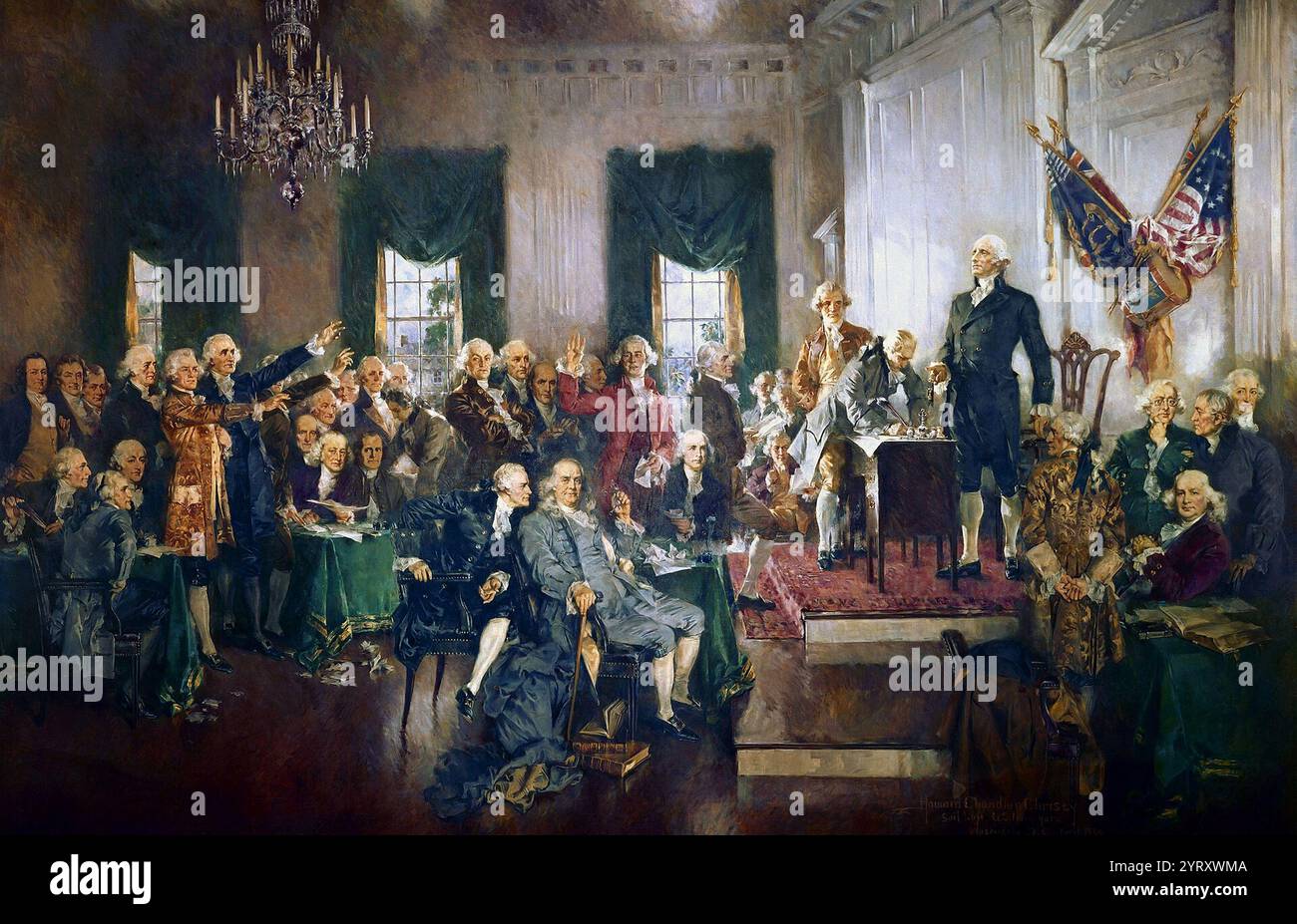 ? Szene bei der Unterzeichnung der Verfassung der Vereinigten Staaten? Von Howard Chandler Christy. Am 17. September 1787 entwarfen 39 der 55 Delegierten des Verfassungskonvents die Verfassung. Die Verfassung der Vereinigten Staaten musste von 9 der 13 Kolonien ratifiziert werden, um das oberste Gesetz des Landes zu werden. Bis Ende 1788 hatten neun staaten die Verfassung ratifiziert. Vor seiner Auflösung wählte der Konföderationskongress New York City als erste Hauptstadt unter der neuen Verfassung. Stockfoto
