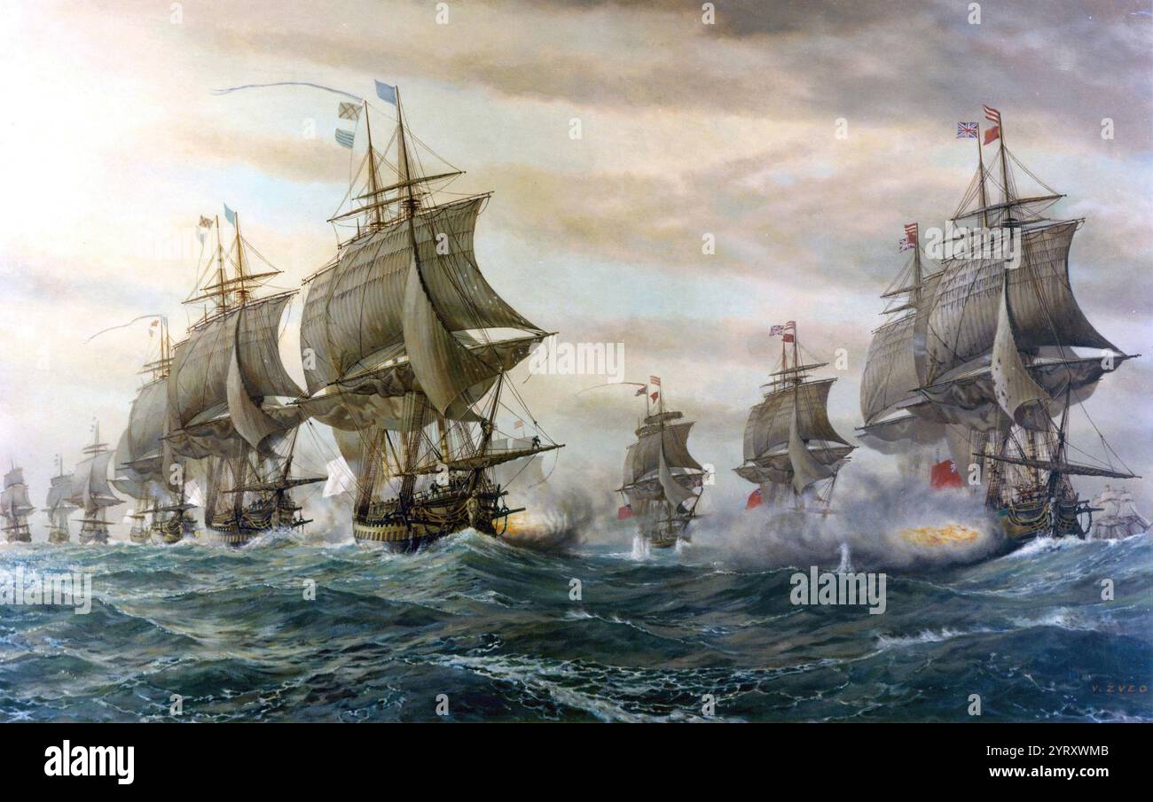 Die Schlacht am Chesapeake, auch bekannt als die Schlacht am Virginia Cape, war eine entscheidende Seeschlacht im Amerikanischen Unabhängigkeitskrieg, die am 5. September 1781 in der Nähe der Mündung der Chesapeake Bay stattfand. Die Kombattanten waren eine britische Flotte unter der Leitung von Konteradmiral Sir Thomas Graves und eine französische Flotte unter der Leitung von Konteradmiral Fran?ois Joseph Paul, dem Comte de Grasse. Die Schlacht war strategisch entscheidend, da sie die Royal Navy daran hinderte, die belagerten Truppen von Generalleutnant Lord Cornwallis in Yorktown (Virginia) zu verstärken oder zu evakuieren. Die Franzosen konnten die Kontrolle über Th erlangen Stockfoto