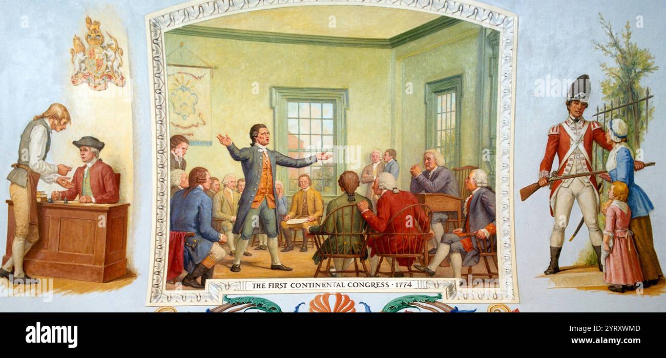 Delegierte aus zwölf der dreizehn Kolonien, die sich schließlich am Amerikanischen Unabhängigkeitskrieg beteiligen sollten, trafen sich vom 5. September bis 26. Oktober 1774 in der Carpenter's Hall in Philadelphia, um über die Reaktionen auf die zunehmende britische Unterdrückung zu diskutieren. Diese Konvention, der erste Kontinentalkongress, erklärte formell, dass die Kolonisten dieselben Rechte wie die Engländer haben sollten; sie stimmten auch zu, die Continental Association zu gründen, die die Aussetzung des Handels mit Großbritannien forderte. Das Wandgemälde zeigt eine Verehrung von Patrick Henry in der Carpenters' Hall. Stockfoto