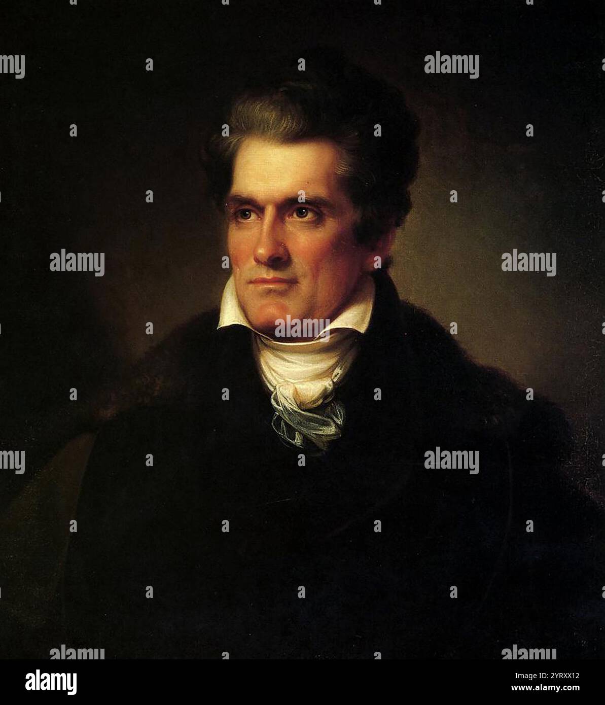John C. Calhoun von Rembrandt Peale (1778–1860); 1834. John Caldwell Calhoun (1782 ? 1850) war von 1825 bis 1832 der siebte Vizepräsident der Vereinigten Staaten. Er wurde in South Carolina geboren und verteidigte die amerikanische Sklaverei und versuchte, die Interessen der weißen Südländer zu schützen. Calhoun begann seine politische Karriere als Nationalist, Modernisierer und Befürworter einer starken Bundesregierung und Schutzzölle. In den späten 1820er Jahren änderten sich seine Ansichten radikal und er wurde zu einem führenden Befürworter von staatsrechten, eingeschränkter Regierung, Nichtigerklärung und Opposition gegen hohe Zölle. Stockfoto