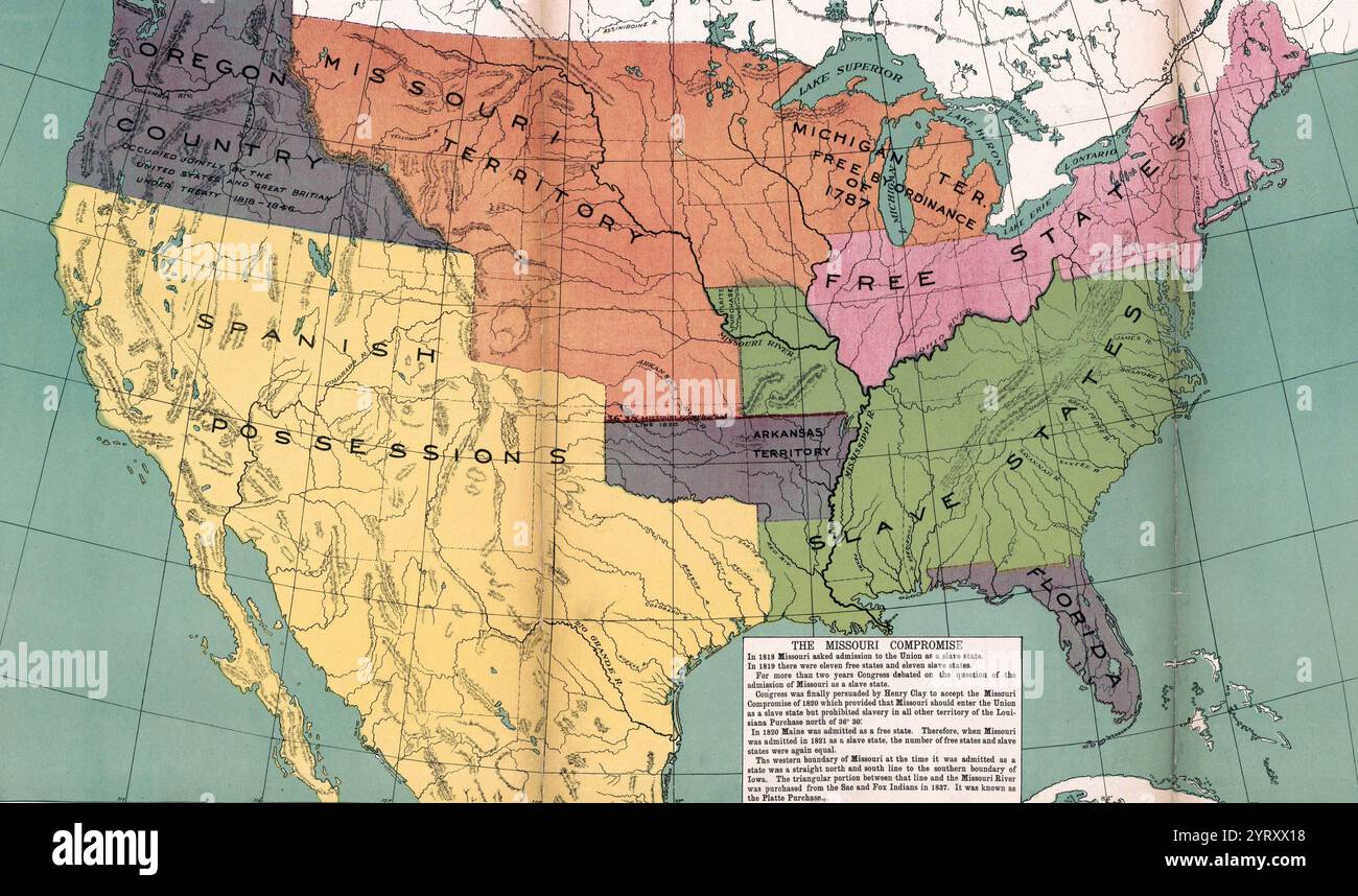 Karte mit dem Missouri-Kompromiss (auch bekannt als der Kompromiss von 1820), einem Bundesgesetz der Vereinigten Staaten, das die Wünsche der nördlichen staaten, die Ausweitung der Sklaverei im Land zu verhindern, mit denen der südlichen staaten, die Sklaverei auszuweiten, ausbalancierte. Sie räumte Missouri als Sklavenstaat ein und Maine als freien Staat und erklärte eine Politik des Verbots der Sklaverei in den verbleibenden Louisiana Purchase Lands nördlich der 36?30? Parallel. Der 16. US-Kongress verabschiedete das Gesetz am 3. März 1820 und Präsident James Monroe unterzeichnete es am 6. März 1820. Stockfoto