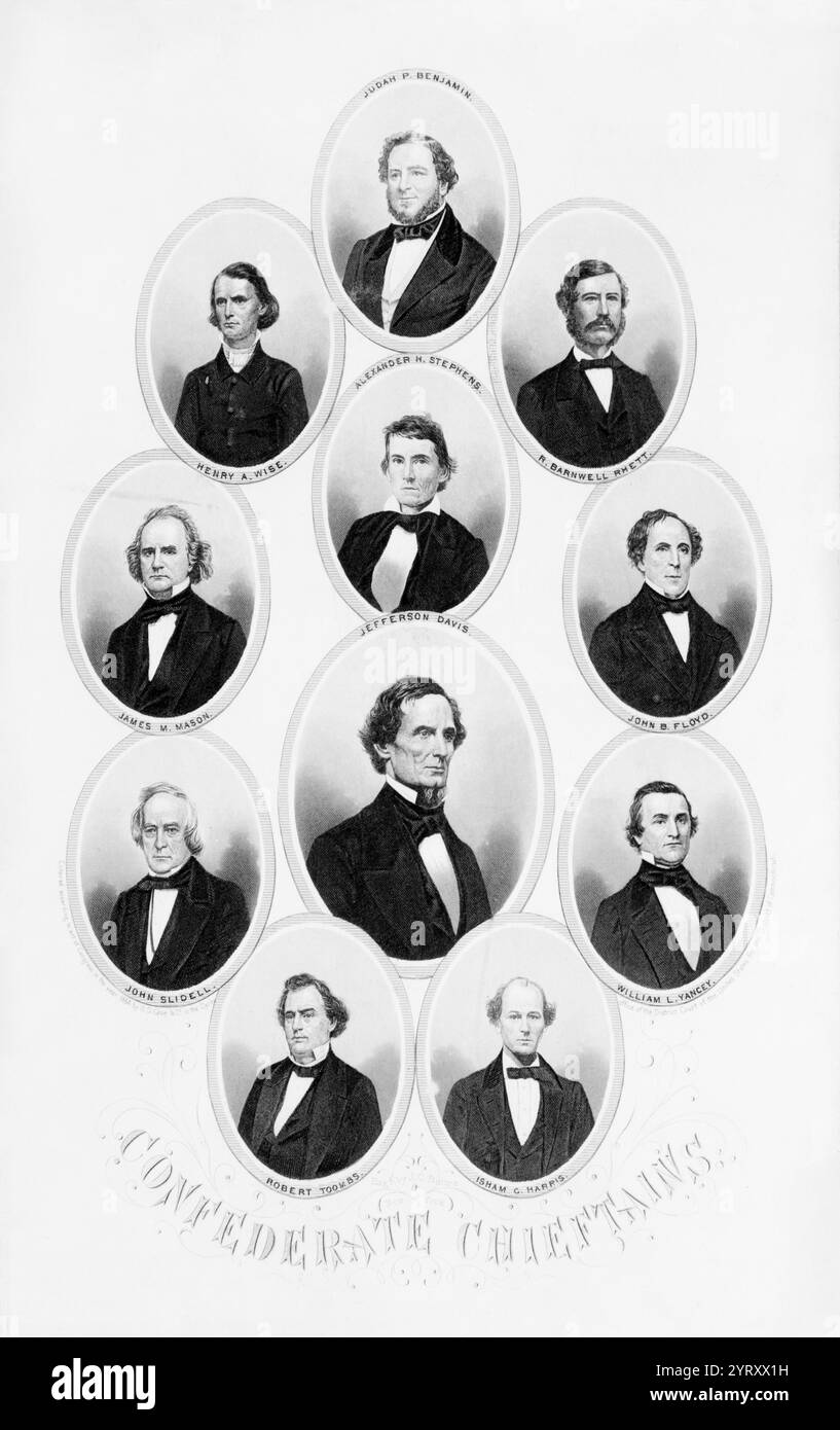 Konföderierte Führungskräfte. Kopf-und-Schulter-Porträts in ovalen, von Judah P. Benjamin, Henry A. Wise, R. Barnwell Rhett, Alexander H. Stephens, James M. Mason, Jefferson Davis, John B. Floyd, John Slidell, William L. Yancey, Robert Toombs, und Isham G. Harris. Stockfoto