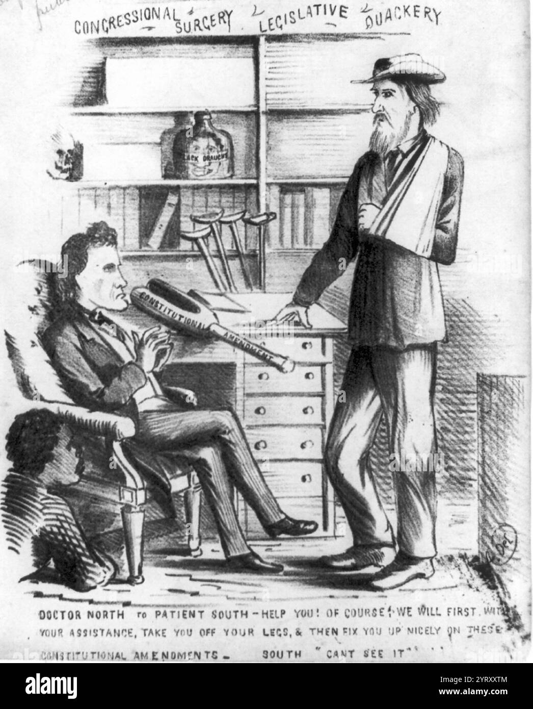 Politischer Zeichentrick, der Thaddeus Stevens (sitzend) als „Dr. North“ darstellt und dem Süden empfiehlt, seine Beine mittels eines Verfassungszusatzes amputieren zu lassen. Thaddeus Stevens (1792 ? 1868), Mitglied des Repräsentantenhauses der Vereinigten Staaten von Pennsylvania. In den 1860er Jahren war er Anführer der radikalen republikanischen Fraktion der Republikanischen Partei Stevens war ein heftiger Gegner der Sklaverei und der Diskriminierung schwarzer Amerikaner und versuchte, ihre Rechte während der Reconstruction zu sichern und führte die Opposition gegen US-Präsident Andrew Johnson an. Stockfoto