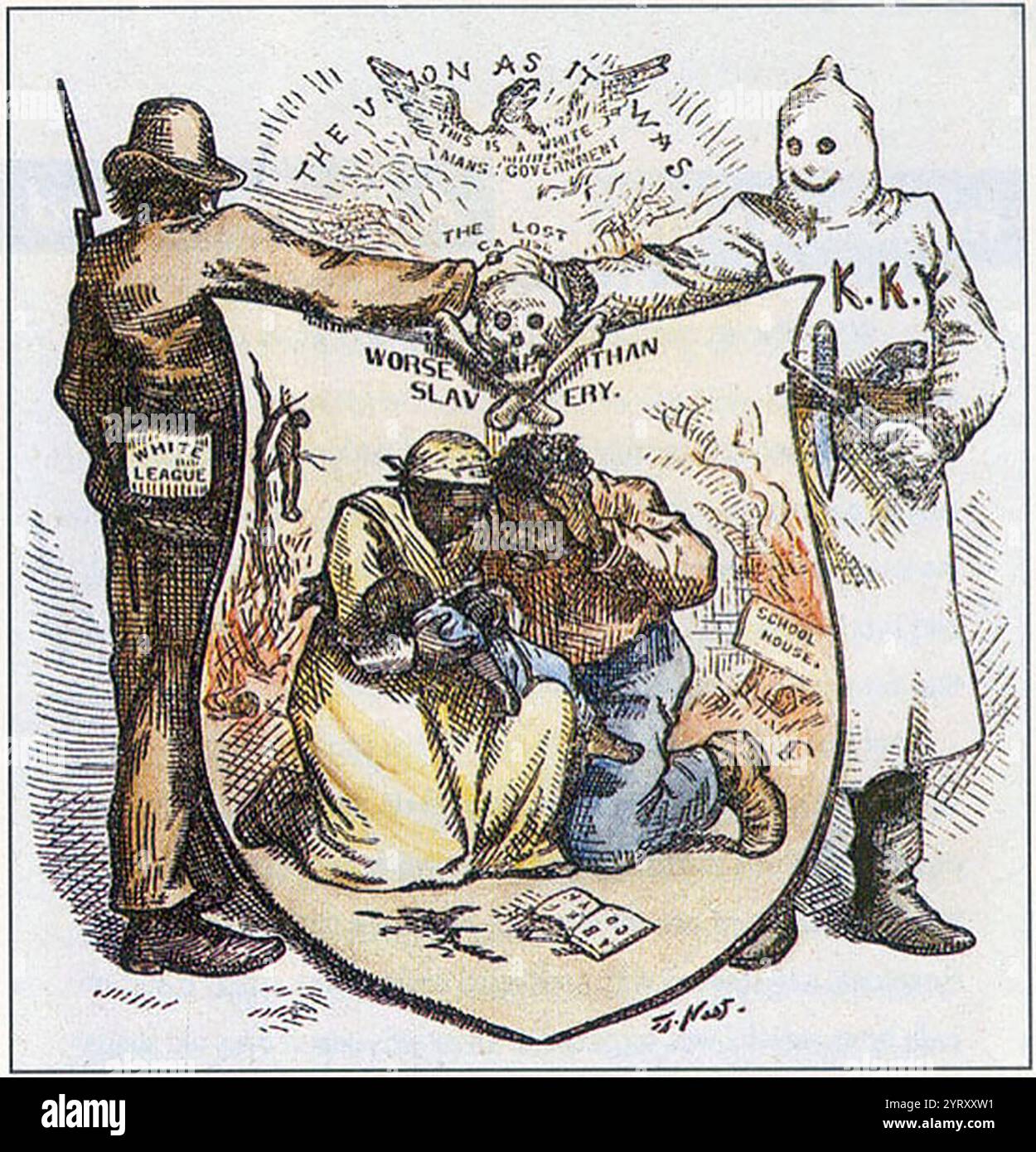 Schlimmer als die Sklaverei (1874), die White League-Zeichentrickfilm von Thomas Nast. Die White League, auch bekannt als White man’s League, war eine paramilitärische Terrororganisation, die 1874 in den Südstaaten der Vereinigten Staaten gegründet wurde, um Freie einzuschüchtern, nicht zu wählen und die politische Organisation der Republikanischen Partei zu verhindern, während sie auch von regionalen Elementen der Demokratischen Partei unterstützt wurde. Das erste Kapitel wurde in Grant Parish, Louisiana, und den benachbarten Gemeinden gegründet und bestand aus vielen Veteranen der Konföderierten, die am Massaker in Colfax im April 1873 teilgenommen hatten. Stockfoto