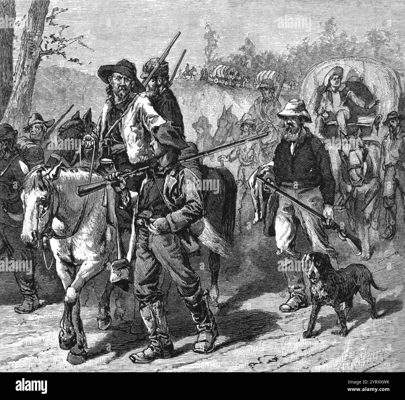 In den 1850er Jahren marschierten Border Rauffians in Kansas ein, eine Illustration aus der Ausgabe von William Cullen Bryants „A Popular History of the United States“ von 1880, Stockfoto