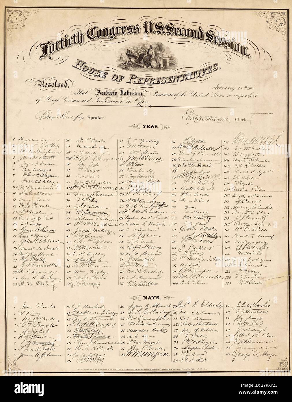 Abgeordnetenhaus, Resolution for Impaachment of Andrew Johnson, Februar 1868 Stockfoto