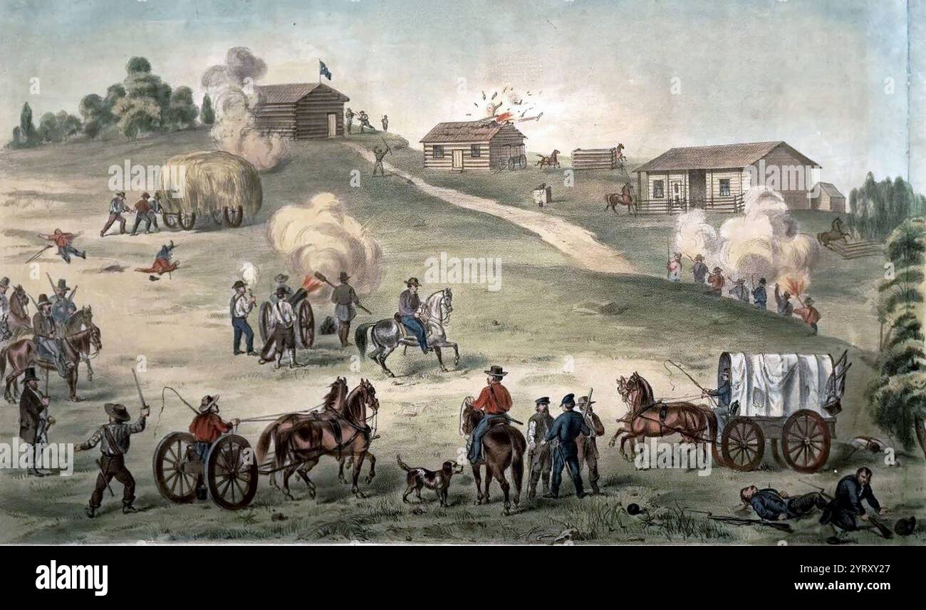 Schlacht von Hickory Point (1856), nördlich von Lawrence, Zeichnung von William Breyman, ca. 1850 Die Schlacht von Hickory Point wurde am 13. Und 14. September 1856 fortgesetzt. Am 13. September 1856 belagerte James H. Lane, Anführer der Freistaat-Männer in Kansas, eine Gruppe von Grenzbrüdern in den Blockhäusern in der Nähe von Dunavant am Hickory Point (auch bekannt als Stony Point), einer Siedlung der Prosklaverei auf der ft. Leavenworth-Ft. Stockfoto