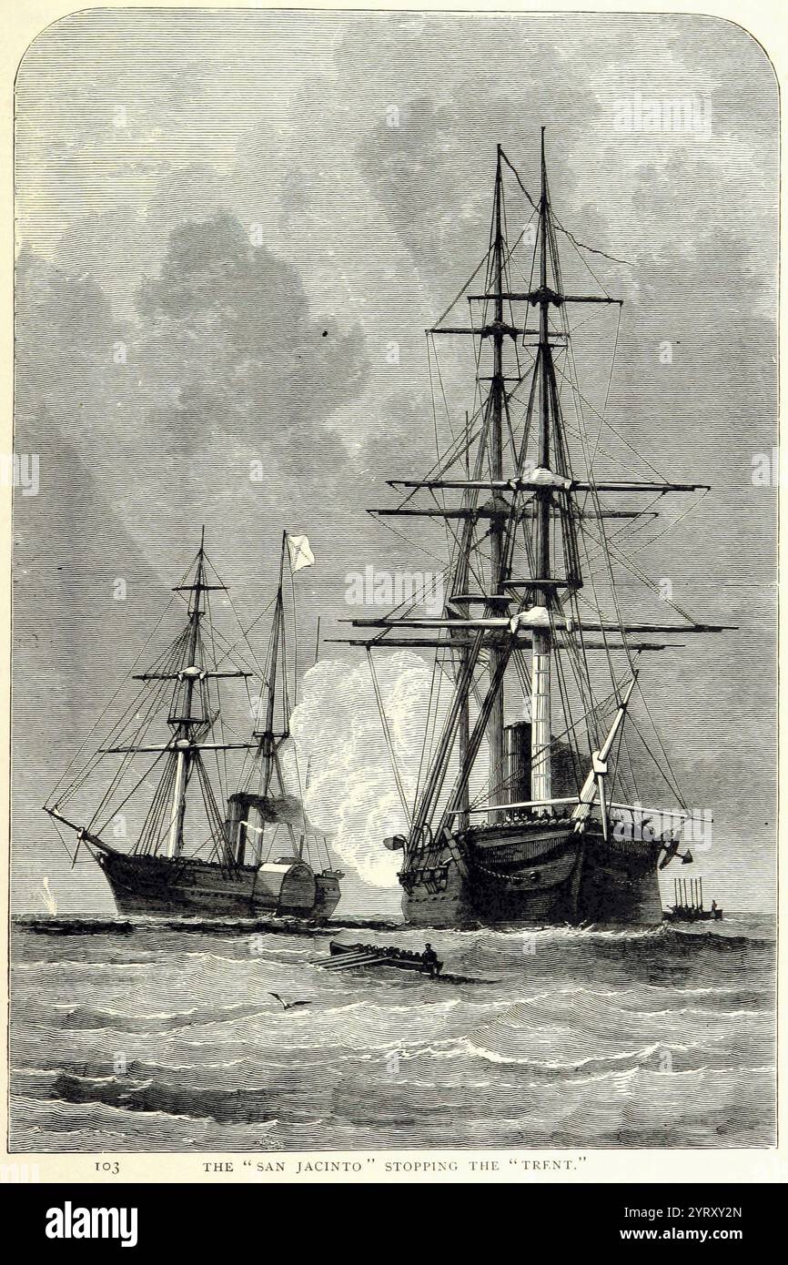 Die Trent-Affäre war ein diplomatischer Vorfall im Jahre 1861 während des Amerikanischen Bürgerkrieges, der einen Krieg zwischen den Vereinigten Staaten und Großbritannien bedrohte. Die US Navy nahm zwei konföderierte Gesandte von einem britischen Royal Mail-Dampfer ein; die britische Regierung protestierte heftig. Die amerikanische Öffentlichkeit und Elite unterstützten die Beschlagnahme nachdrücklich, aber sie verschlechterte die Wirtschaft und ruinierte die Beziehungen zur stärksten Wirtschaft und zur stärksten Marine der Welt. Präsident Abraham Lincoln beendete die Krise, indem er die Gesandten freiließ. Es berührte die Trent-Affäre, die dem Beitritt Großbritanniens zu Th am nächsten kam Stockfoto