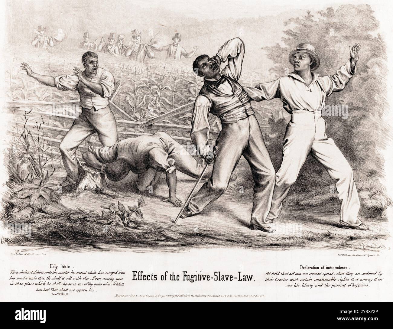 Der Druck zeigt eine Gruppe von vier schwarzen Männern, möglicherweise Freigelassene, die von einer Gruppe von sechs bewaffneten Weißen in einem Maisfeld überfallen wurden. Einer der weißen Männer feuert auf sie, während zwei seiner Gefährten ihre Musketen nachladen. Das Flüchtige Sklavengesetz von 1850 erlaubte Sklavenjägern, mutmaßliche flüchtige Sklaven ohne rechtliches Verfahren zu beschlagnahmen und Verbot es jedem, entflohenen Flüchtlingen zu helfen. Das Gesetz bedrohte die Sicherheit aller Schwarzen, Sklaven und Freien und zwang viele Nordländer, sich bei der Unterstützung von Flüchtlingen trotziger zu machen. Stockfoto