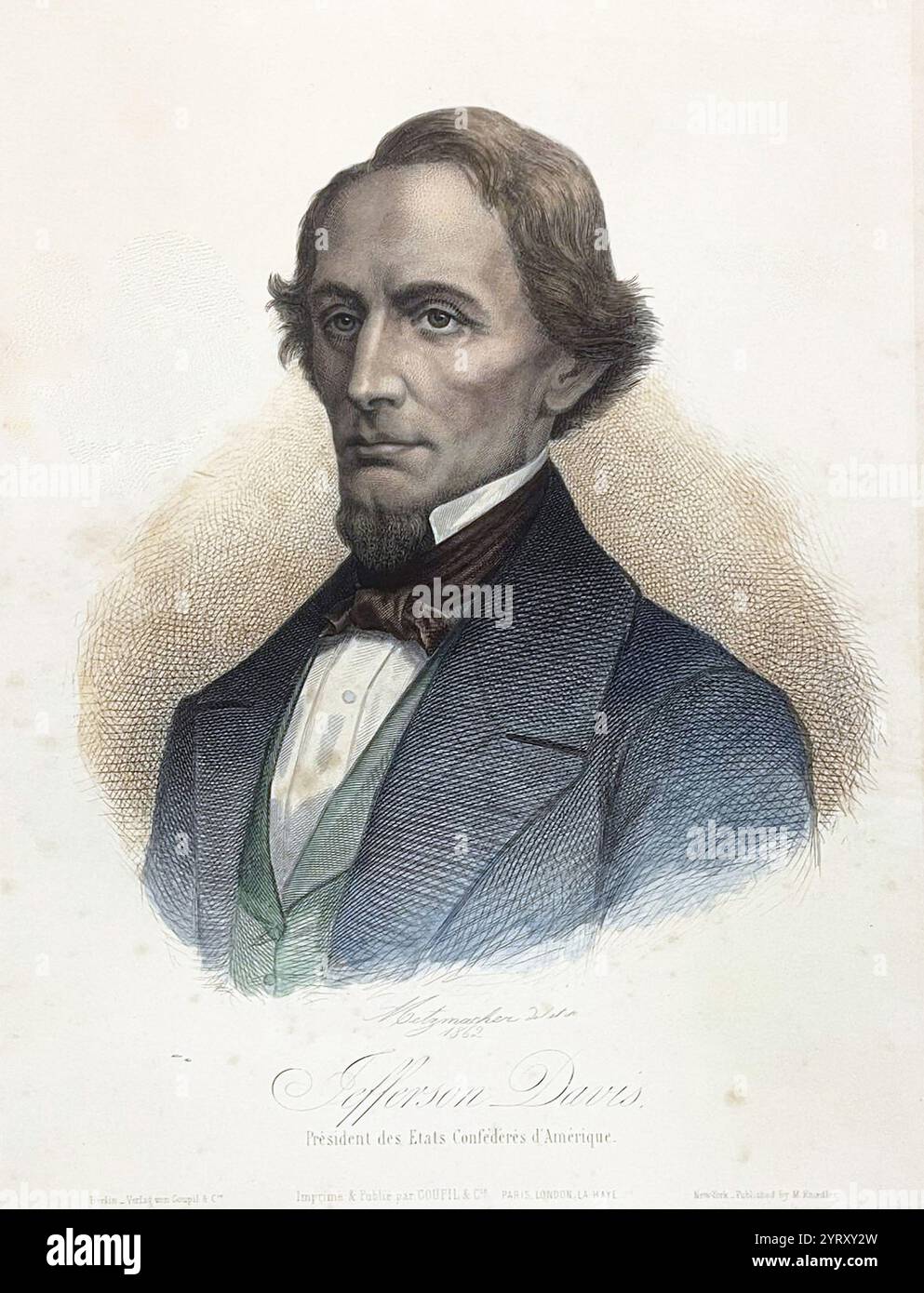 Ende Dezember 1860 trafen sich drei Kommissare aus dem neu abgeschiedenen Bundesstaat South Carolina mit dem Präsidenten Buchanan, um über den Besitz von Fort Sumter zu verhandeln, einer Bundeseinrichtung in Charleston Harbor. Buchanans Versuche, die Situation zu halten, und Francis Pickens, Gouverneur von South Carolina, der darauf bestand, das Fort durch die Gewerkschaft zu evakuieren, werden hier verspottet. Pickens (links) hält eine zündete Sicherung an einer riesigen Union-Kanone „Peacemaker“, die auf seinen eigenen Bauch zeigt. Er droht: "Mr. President, wenn Sie das Fort nicht sofort aufgeben, werde ich gejagt, wenn ich nicht schieße." Buchanan (rechts) Th Stockfoto