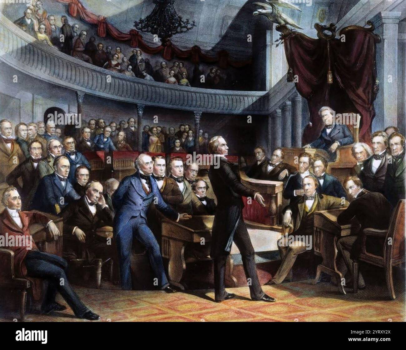 Henry Clay führt den Kompromiss von 1850 in seinem letzten bedeutenden Akt als Senator ein. In einem verzweifelten Versuch, den Ausbruch eines Krieges zu verhindern, kämpfte das „große Triumvirat“ von Daniel Webster aus Massachusetts, John C. Calhoun aus South Carolina und Clay aus Kentucky um ein Gleichgewicht zwischen den Interessen des Nordens, des Südens und des Westens. Dieses Bild zeigt alle drei Männer, mit Clay im Mittelpunkt der Bühne, die dem Senat seinen Kompromiss vorstellten. Daniel Webster sitzt links von Clay und John C. Calhoun links vom Vorsitzenden des Präsidenten Millard Fillmore. Stockfoto