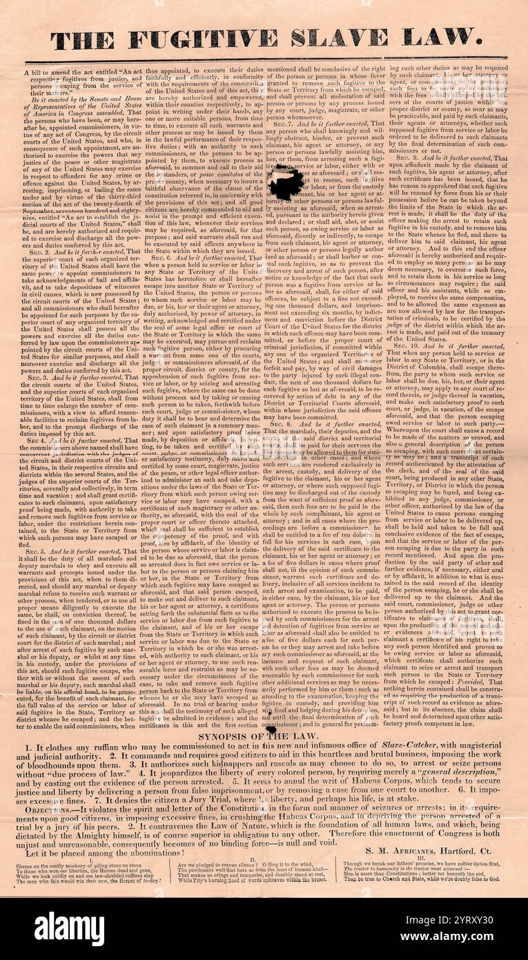 Text des Flüchtigen Sklavengesetzes von 1850, das es Sklavenjägern erlaubte, vermeintlich flüchtige Sklaven ohne rechtmäßiges Gerichtsverfahren zu beschlagnahmen und es jedem Verbot, entflohenen Flüchtlingen zu helfen. Das Gesetz bedrohte die Sicherheit aller Schwarzen, Sklaven und Freien und zwang viele Nordländer, sich bei der Unterstützung von Flüchtlingen trotziger zu machen. Stockfoto