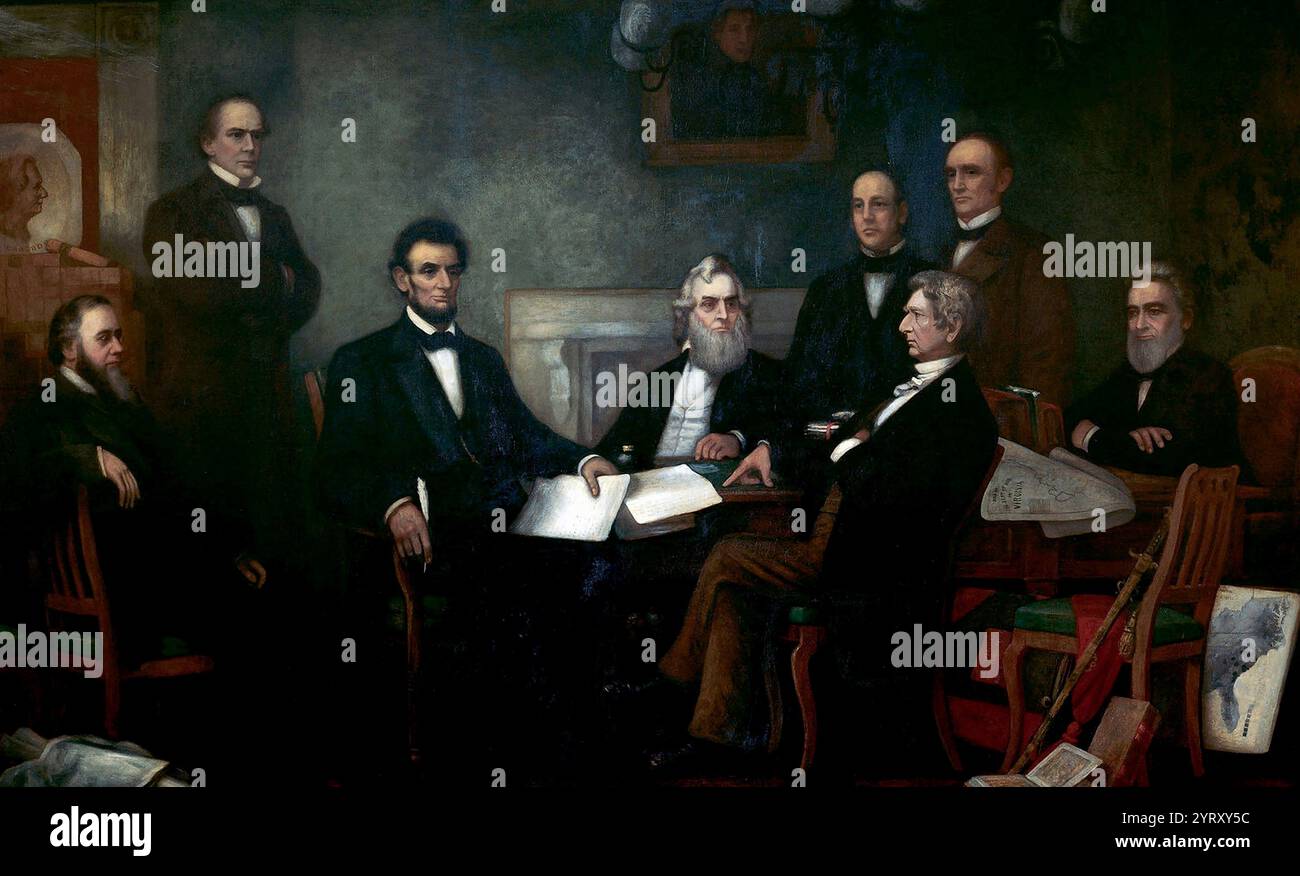 First Reading of the Emancipation Proclamation of President Lincoln ist ein Ölgemälde von Francis Bicknell Carpenter aus dem Jahr 1864. Carpenter stellt Abraham Lincoln, den 16. Präsidenten der Vereinigten Staaten, und seine Kabinettsmitglieder vor, die am 1. Januar 1863 die Emanzipationsproklamation vorlesen, die die Freiheit der Sklaven in den zehn staaten in Rebellion gegen die Union im Amerikanischen Bürgerkrieg verkündete.[1] Lincoln übergab die vorläufige Emanzipationsproklamation am 22. Juli an sein Kabinett und veröffentlichte sie am 22. September 1862. September 1862. Die endgültige Emanzipationsproklamation nahm an Stockfoto