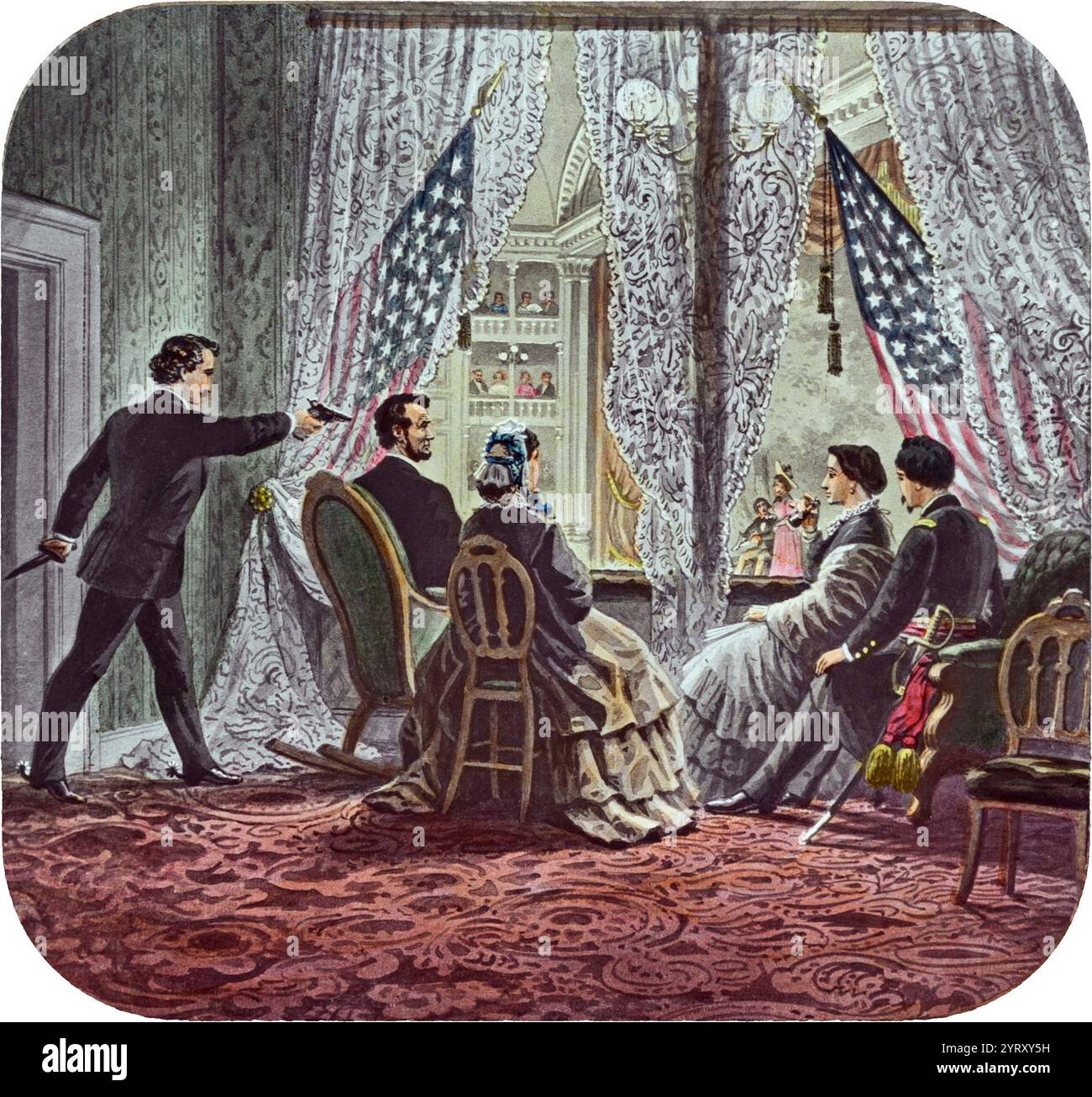 Die Folie zeigt John Wilkes Booth, der sich nach vorne lehnt, um Präsident Abraham Lincoln zu erschießen, während er unseren amerikanischen Cousin im Ford's Theatre in Washington, D.C. am 14. April 1865 beobachtet. Stockfoto