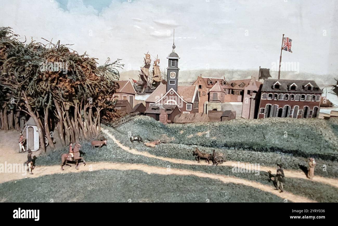 Diorama-Modell, das eine niederländische Kolonialsiedlung in Paramaribo, Suriname oder Niederländisch-Guyana darstellt. Um 1810 Stockfoto