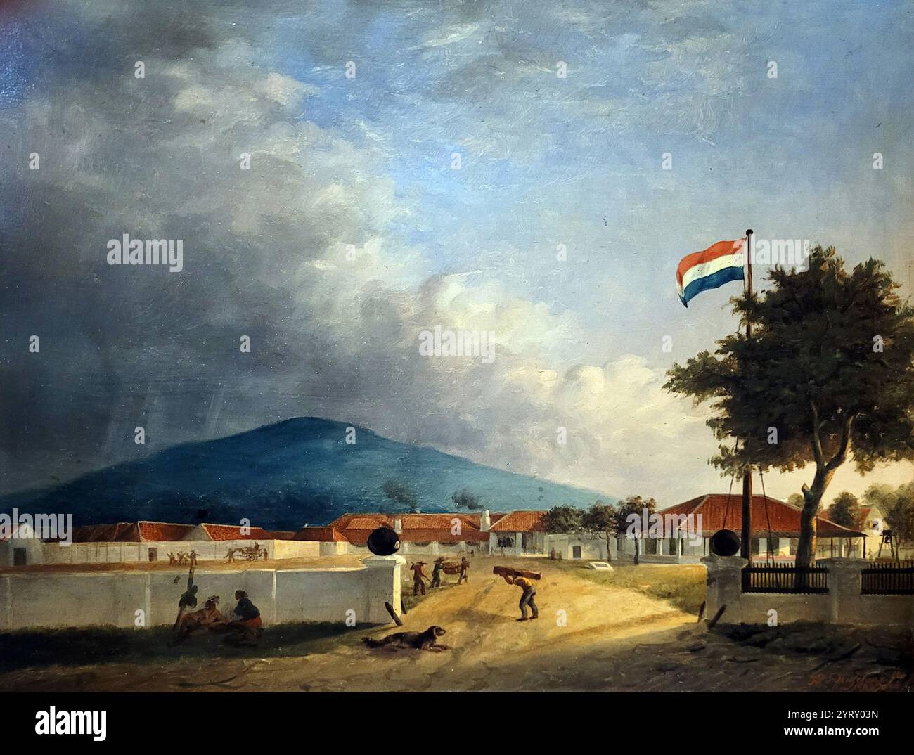 Gemälde einer niederländischen Zuckerfabrik aus Kolonialzeit auf Java, Niederländisch-Indien (Indonesien). 1849. Von Hesselaar (1820-1862). Stockfoto