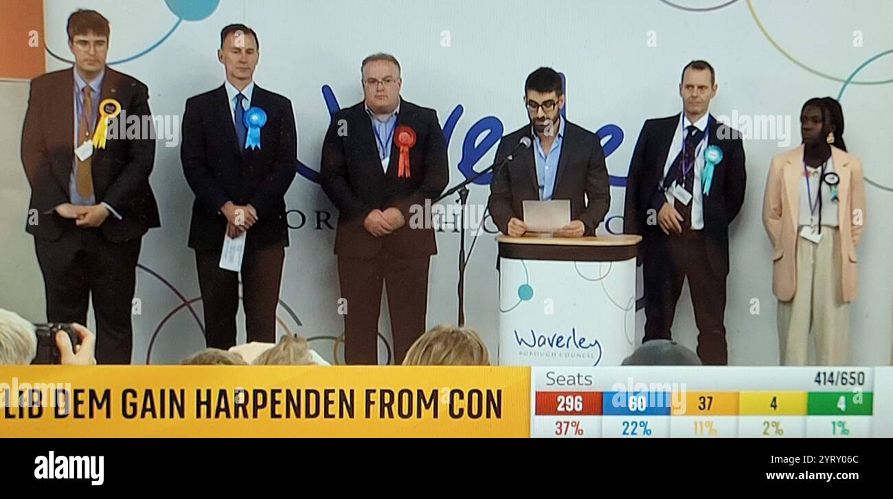 Jeremy Hunt, der britische Finanzkanzler, nimmt an seinem Wahlkampfergebnis während der Wahlen Teil, bei denen seine Konservative Partei an der Macht verlor. Juli 2024. Stockfoto