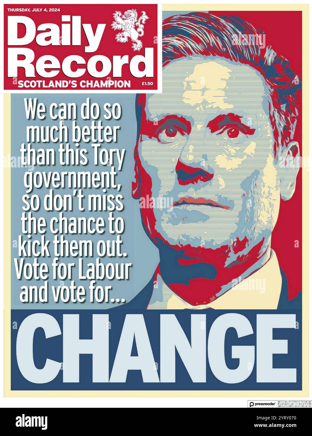 Scottish Daily Record unterstützt den Labour Leader Sir Kier Starmer bei der Wahl zum Premierminister am Vorabend der Parlamentswahlen 2024 Stockfoto