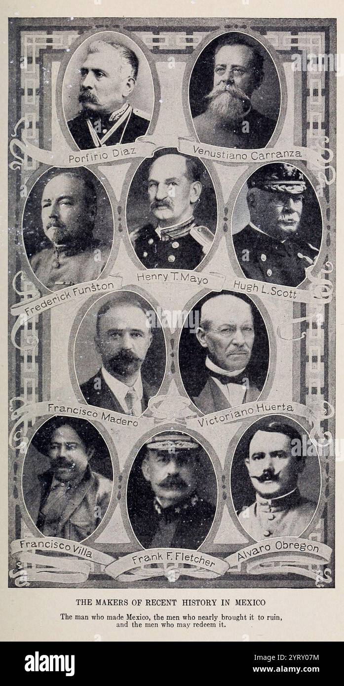 Vignettenfotos mexikanischer politischer und militärischer Führer, darunter Porfirio Diaz, Carranza, Madero, Huerta, Pancho Villa, und Obregon. 1918 Stockfoto