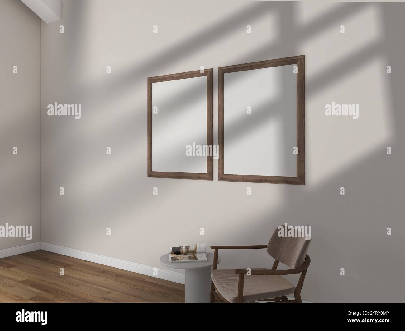 Zwei Rahmen an der weißen Wand mit natürlichem Licht, realistischem Rendering und moderner Wohnzimmerszene. Leeres Poster-Modell. Stockfoto