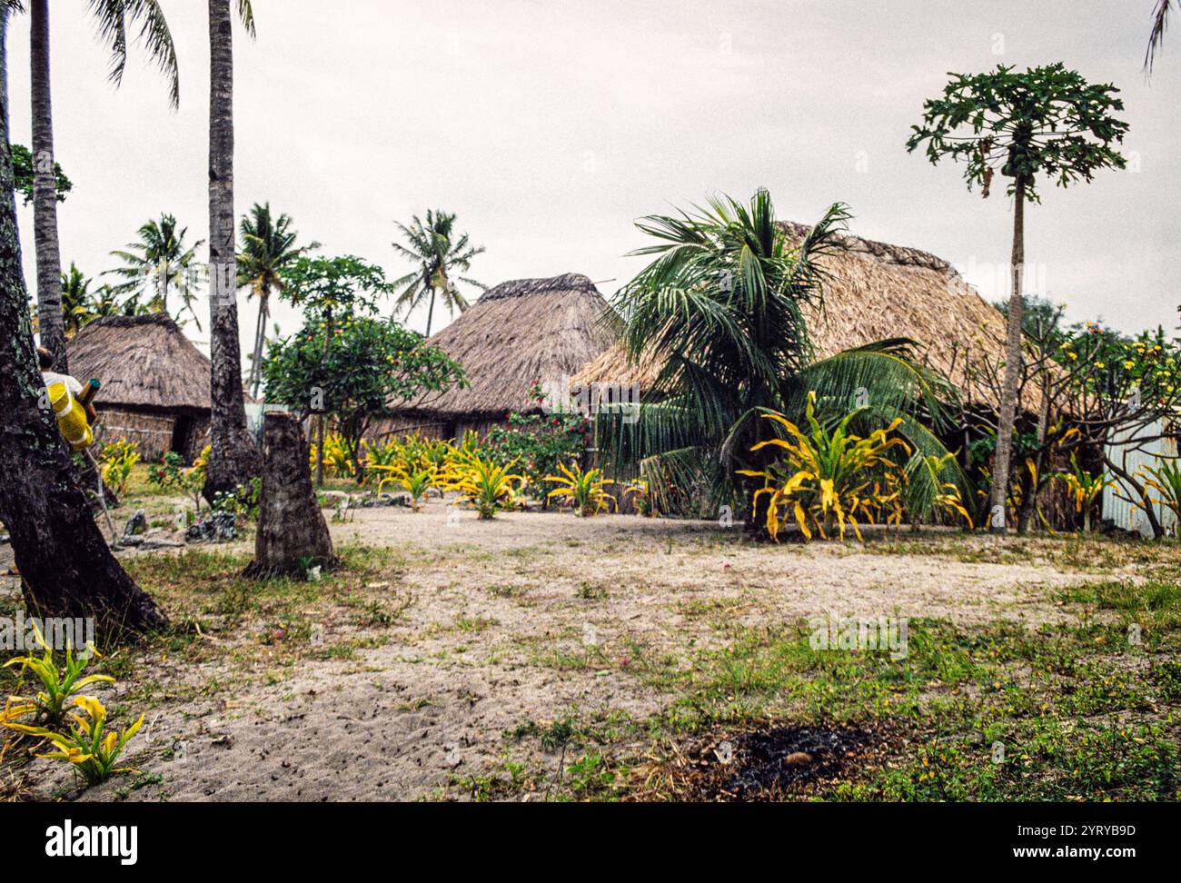 Blick auf Yasawa-i-Rara, ein abgelegenes Dorf auf den Yasawa-Inseln in Fidschi. Archivfoto aus dem Jahr 1991, das die traditionellen strohgedeckten Häuser zeigt, die Buren im Dorf genannt werden. Stockfoto