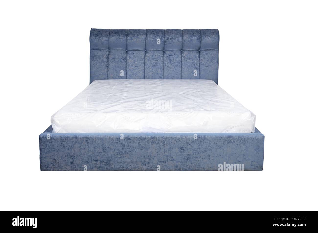 Doppelbett mit weichem Kopfteil. Gepolsterte Möbel. Stockfoto