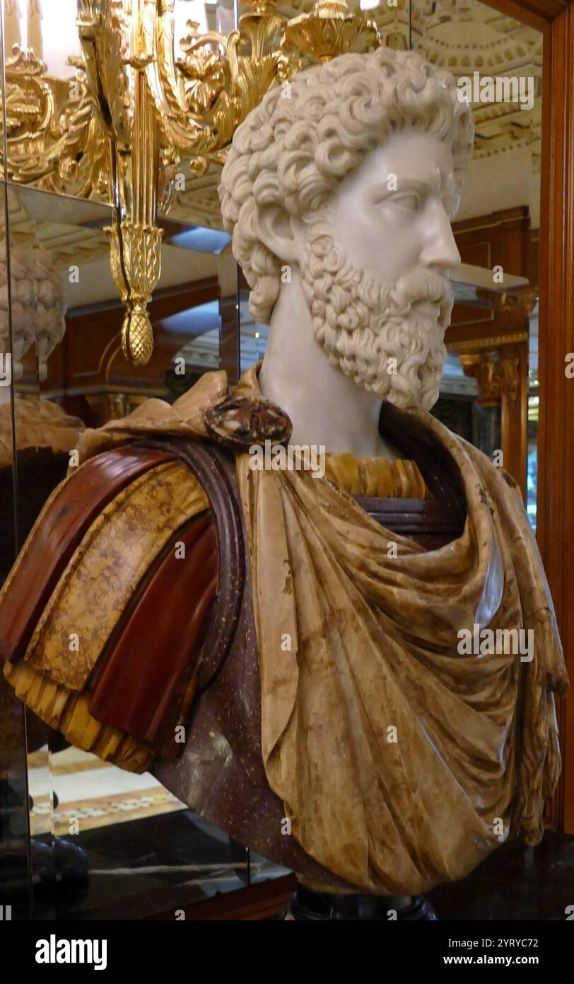 Die moderne Kopie einer Büste des Septimius Severus (145–211 n. Chr.), auch bekannt als Severus, war von 193 bis 211 römischer Kaiser Stockfoto