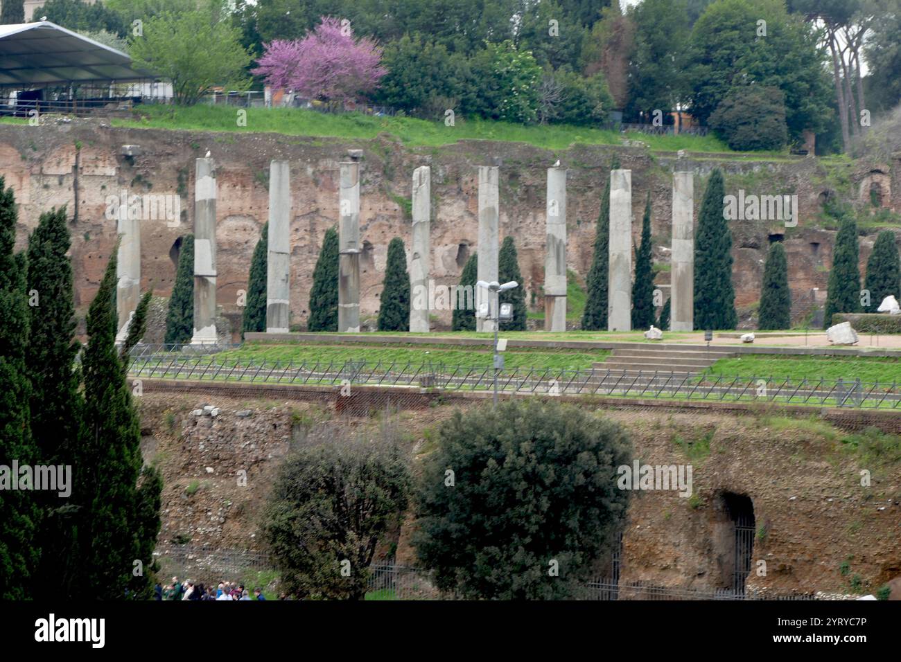 Der Tempel der Venus und der Roma; der größte Tempel im antiken Rom. Auf dem Velian-Hügel, zwischen dem östlichen Rand des Forum Romanum und dem Kolosseum gelegen, war es den Göttinnen Venus Felix („Venus die Glücksbringerin“) und Roma Aeterna („Ewiges Rom“) gewidmet. Der Architekt war Kaiser Hadrian und der Bau begann 121. Es wurde 135 von Hadrian offiziell eingeweiht und 141 unter Antoninus Pius fertiggestellt. Stockfoto