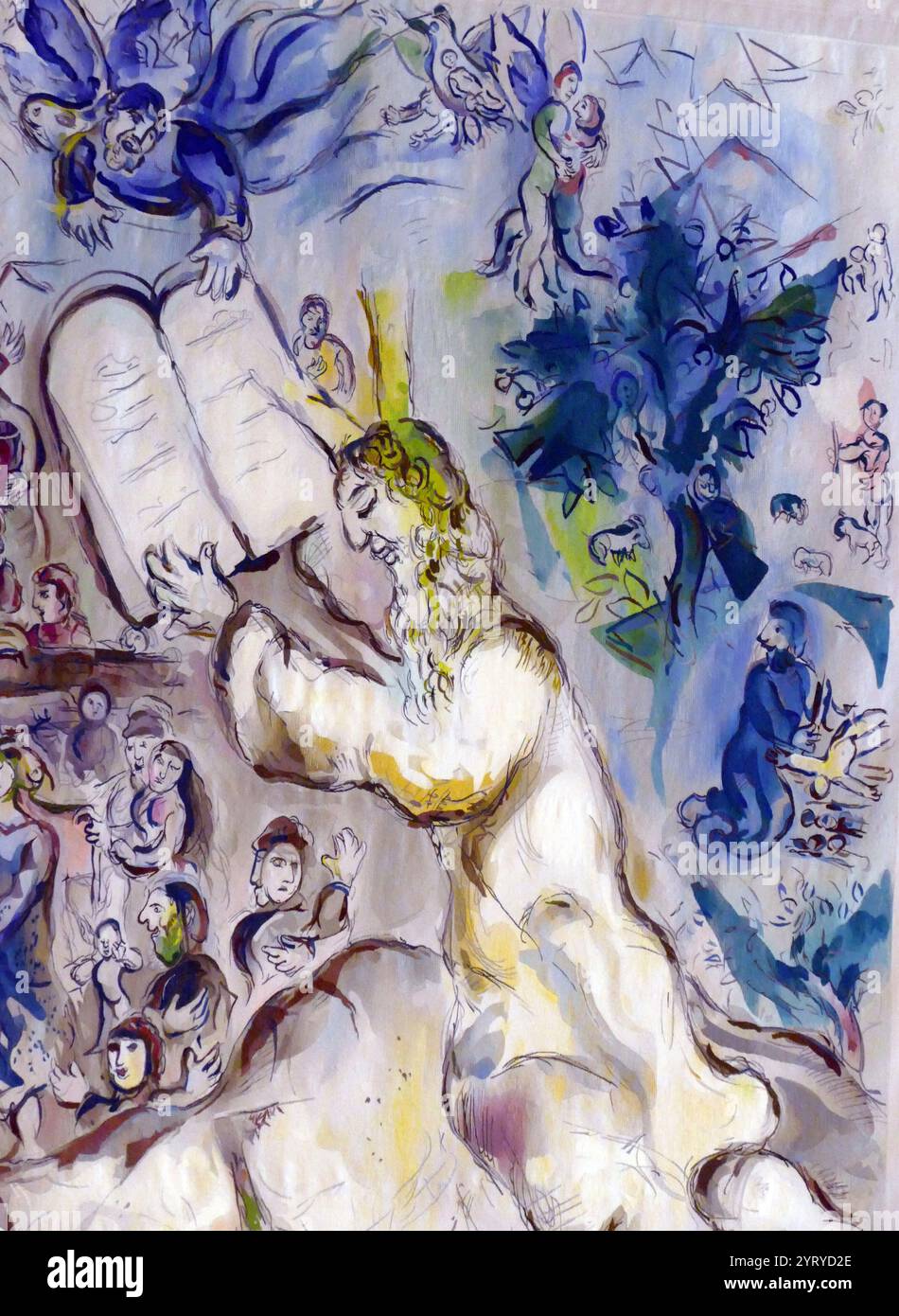 Wandteppich in der Chagall State Hall, in der Knesset (Parlamentsgebäude), in Jerusalem, Israel. Benannt nach dem in Russland geborenen jüdischen Künstler Marc Chagall (1887–1985). Die Halle beherbergt Gobelins (Wandteppiche), die von Chagall an der Ostwand entworfen wurden. Sie wurden am 18. Juni 1969 in Anwesenheit des Staatspräsidenten gehängt. Die Wandteppiche zeigen biblische Motive, Motive aus Chagalls Kindheit in Witebsk in Russland und Motive aus der modernen jüdischen Geschichte. Stockfoto