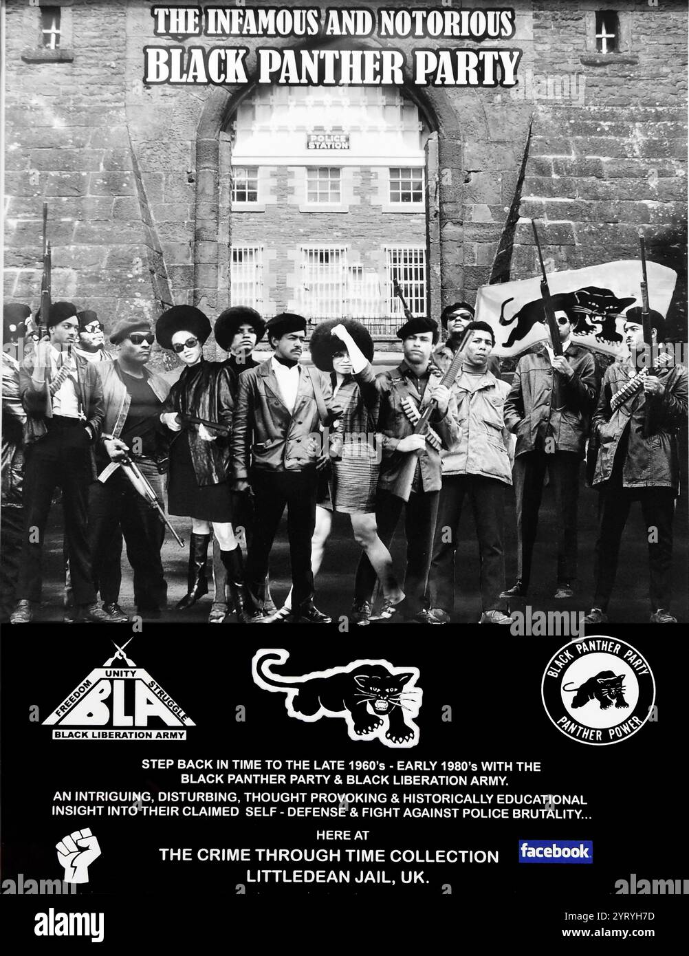 Montage-Poster mit einer Ausstellung über die amerikanische Black Panther Party. Die Black Panther Party (BPP), ursprünglich Black Panther Party for Self-D Fense, war eine politische Organisation der Black Power, die von den Studenten Bobby Seale (Vorsitzender) und Huey P. Newton im Oktober 1966 in Oakland, Kalifornien gegründet wurde. Die Partei war von 1966 bis 1982 in den Vereinigten Staaten aktiv Stockfoto