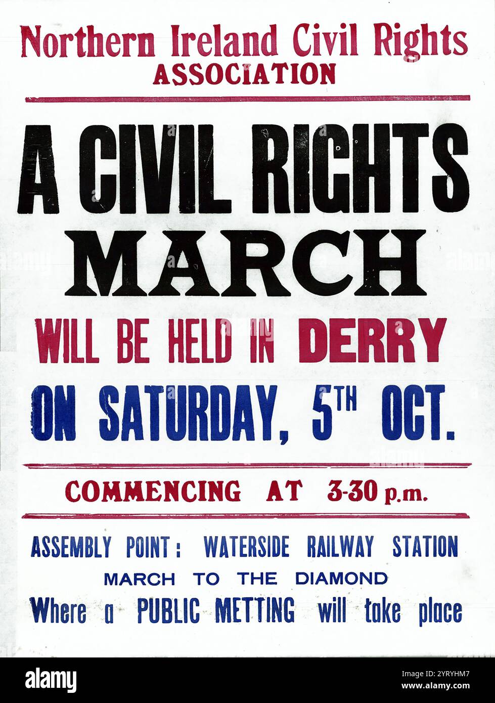 Ein marsch für Derry war im Oktober 1968 geplant. Obwohl der marsch von der unionistischen Regierung verboten wurde, gingen die Demonstranten weiter. Am 5. Oktober wurden die Demonstranten von der Polizei in der Duke Street angegriffen und von den Straßen geplündert. Die Unterstützung für die Bürgerrechtsproteste stieg auf, und eine konzentrierte Serie von Märschen im Oktober und November führte zu einigen Reformen der unionistischen Regierung. Aber es war zu wenig und zu spät. Die bürgerliche Atmosphäre im Norden Irlands hatte sich für immer verändert. Stockfoto