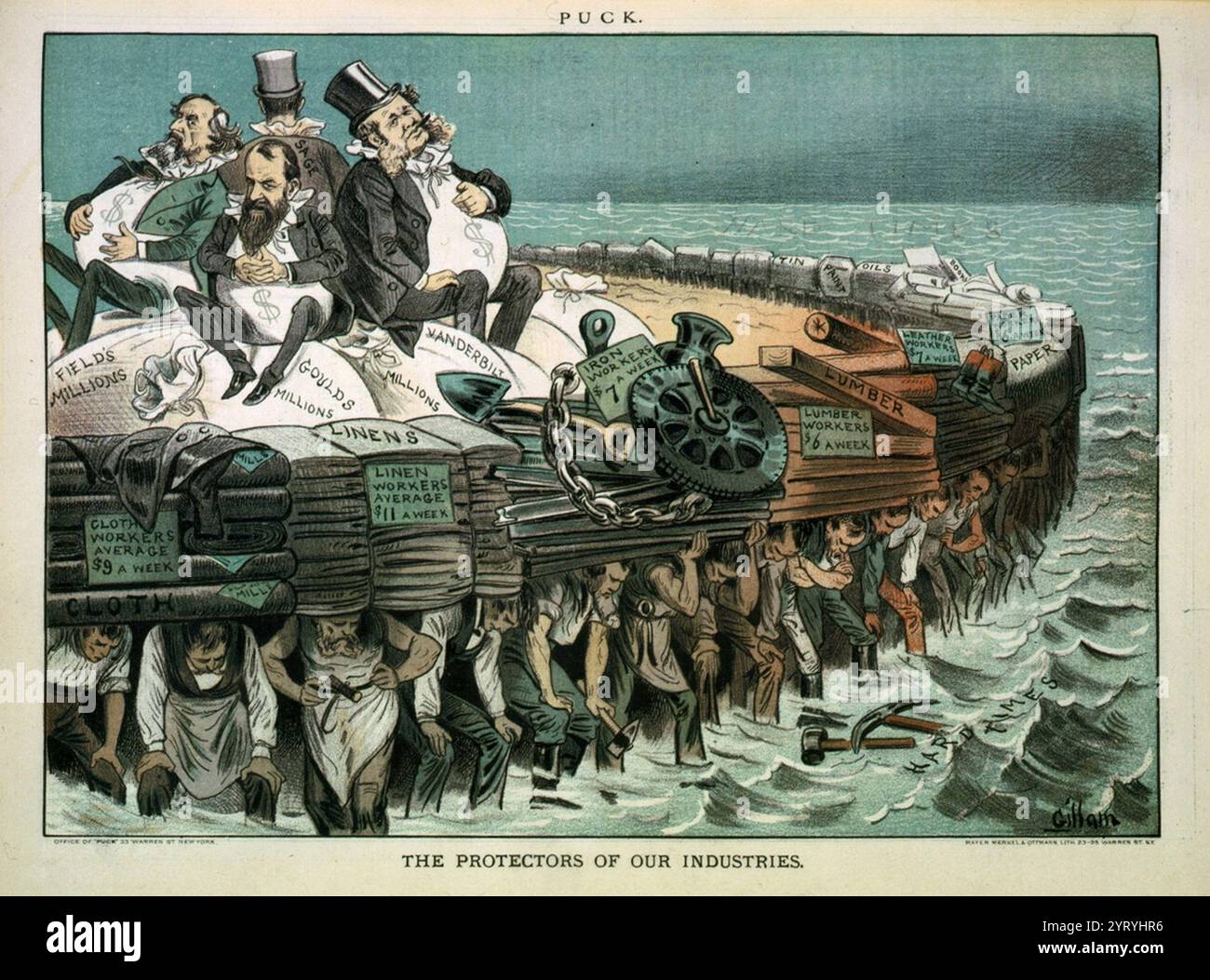 Protektionismus in den USA des 19. Jahrhunderts. Die Beschützer unserer Industrie. Cartoon mit Cyrus Field, Jay Gould, William H. Vanderbilt und Russell sage, die auf Säcken von Millionen sitzen, auf einem großen Floß sitzen und von Arbeitern verschiedener Berufe getragen werden. 1883 Stockfoto