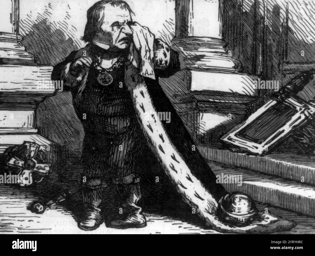 Lebewohl, ein langer Lebewohl, von all meiner Größe! Eine Karikatur, die Andrew Johnson zeigt, als König verkleidet, weinend. Illus. In: Harper's Weekly, 1869. Am 24. Februar 1868, als das Repräsentantenhaus der Vereinigten Staaten eine Resolution verabschiedete, um Andrew Johnson, den 17. Präsidenten der Vereinigten Staaten, wegen "hoher Verbrechen und Vergehen" zu klagen. Stockfoto