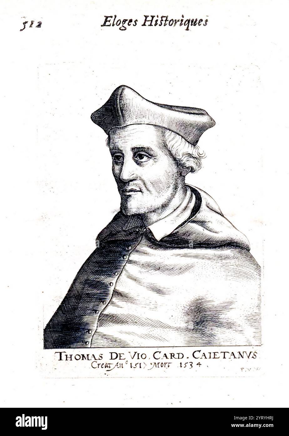 Thomas Cajetan (1469–534), auch bekannt als Gaetanus, gemeinhin Tommaso de Vio oder Thomas de Vio [2], war ein italienischer Philosoph, Theologe, Meister des Predigerordens von 1508 bis 1518 und Kardinal von 1517 bis zu seinem Tod. Er war einer der führenden Theologen seiner Zeit, der heute als Sprecher der katholischen Opposition gegen die Lehren Martin Luthers und die evangelische Reformation bekannt ist, während er der päpstliche Legat in Augsburg war, und unter den Katholiken für seinen ausführlichen Kommentar zur Summa Theologica von Thomas von Aquin Stockfoto