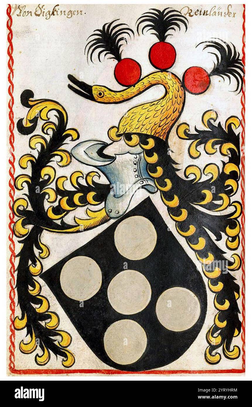 Das Wappen Franz von Sickingen war ein Ritter des Heiligen Römischen Reiches, der mit Ulrich von Hutten den sogenannten Ritteraufstand führte und zu den bemerkenswertesten Figuren der frühen Reformationszeit gehörte. Sickingen, unterstützt von Hutten, bildete einen Plan, um die geistlichen Fürsten zu stürzen und die Ritterordnung, den Ritteraufstand, zu erhöhen. Am 6. Mai 1523 wurde Sickingen zur Kapitulation gezwungen und starb am folgenden Tag. Stockfoto