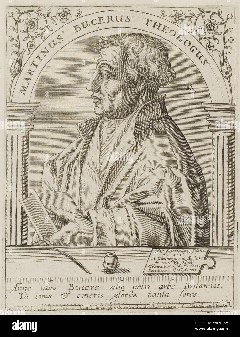 Martin Bucer von Jean-Jacques Boissard (1528-1602). Martin Butzer (1491 ? 1551) deutscher protestantischer Reformator mit Sitz in Straßburg, der lutherische, calvinistische und anglikanische Doktrinen und Praktiken beeinflusste. Bucer war ursprünglich Mitglied des Dominikanerordens, aber nachdem er 1518 Martin Luther traf und von ihm beeinflusst wurde, sorgte er dafür, dass seine klösterlichen Gelübde annulliert wurden. Danach begann er für die Reformation zu arbeiten Stockfoto