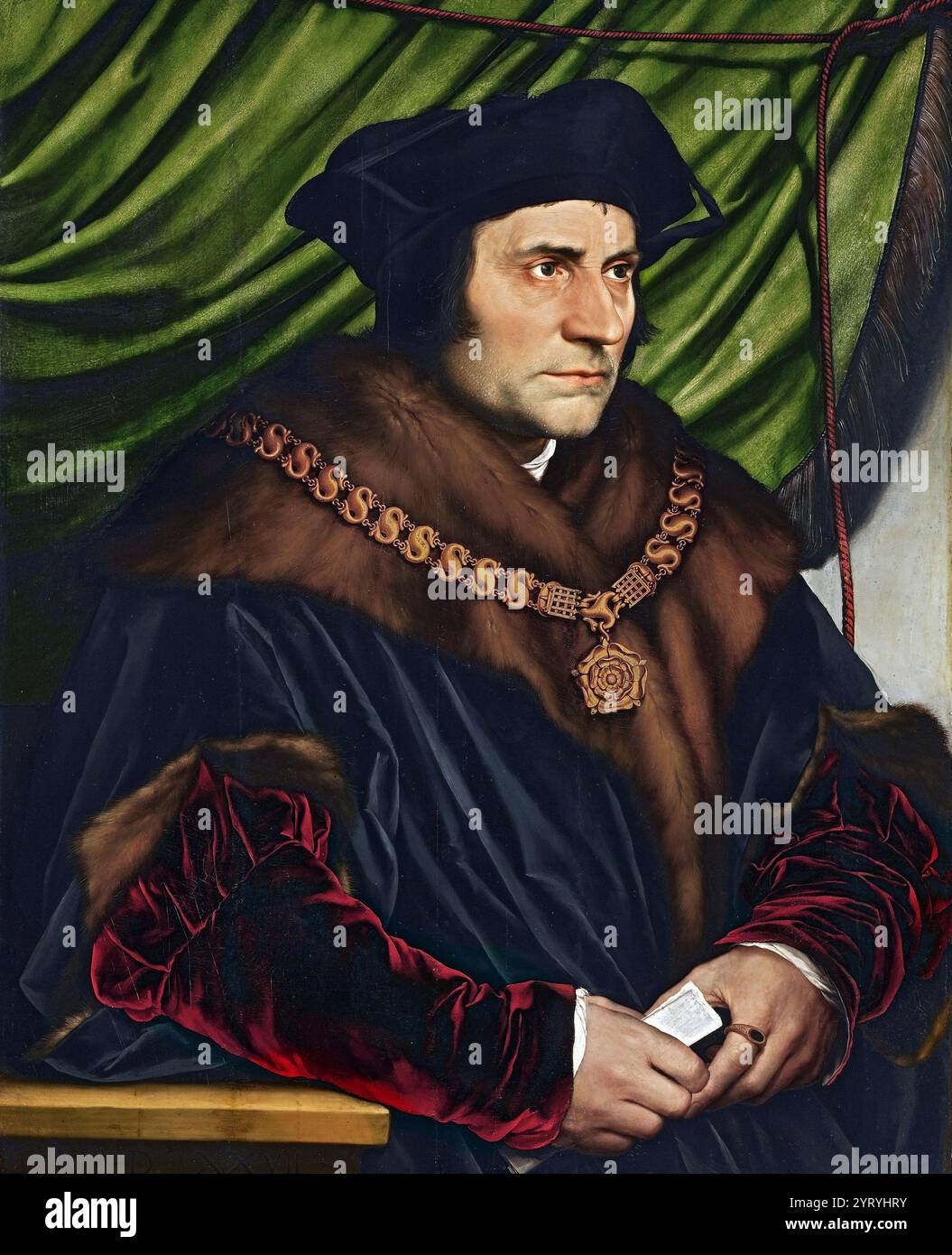 Porträt von Sir Thomas More von Hans Holbein dem Jüngeren. 1517. Sir Thomas More (1478 ? 1535) war ein englischer Jurist, Philosoph und Renaissance-Humanist. Er diente Heinrich VIII. Als Lord High Chancellor. Er schrieb Utopia, das 1516 veröffentlicht wurde und das politische System eines imaginären Inselstaates beschreibt. Mehr widersetzten sich der Reformation und richteten Polemiken gegen die Theologie von Martin Luther, Huldrych Zwingli und William Tyndale Stockfoto