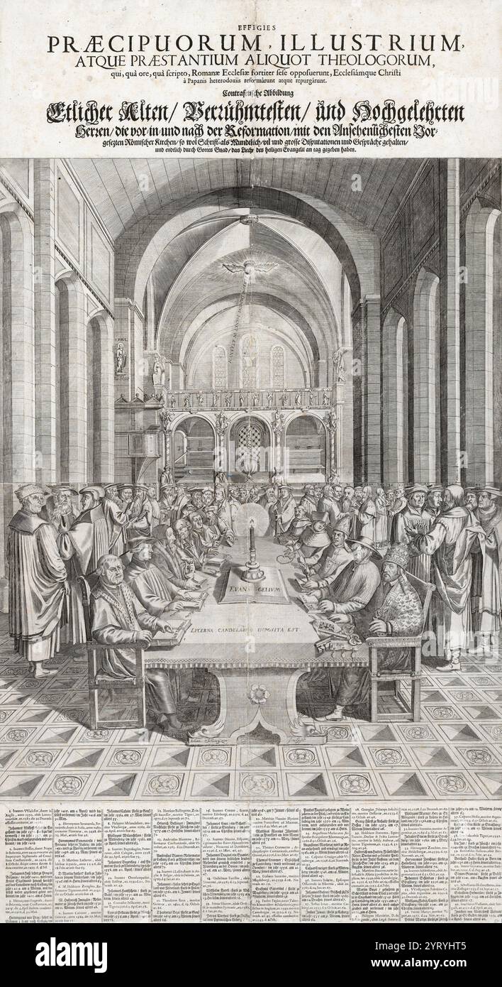 Porträts und biographische Daten einflussreicher protestantischer Reformatoren: John Wycliffe, Jan Hus, Jerome von Prag, Girolamo Savonarola, Martin Luther, Huldrych Zwingli, John Calvin, Philipp Melanchthon, Johannes Bugenhagen, Johannes Oecolampadius, Konrad Pellikan, Heinrich Bullinger, Ambrosius Blarer und viele mehr. Stockfoto