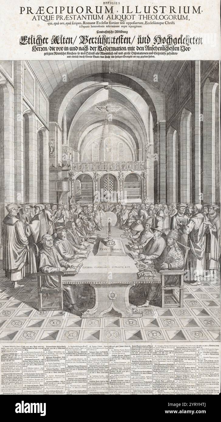 Fiktive Auseinandersetzungen zwischen den führenden protestantischen Reformatoren (links am Tisch: Luther, Zwingli, Calvin, Melanchthon, Bugenhagen und Ökolampadius) und den Vertretern der katholischen Kirche Stockfoto