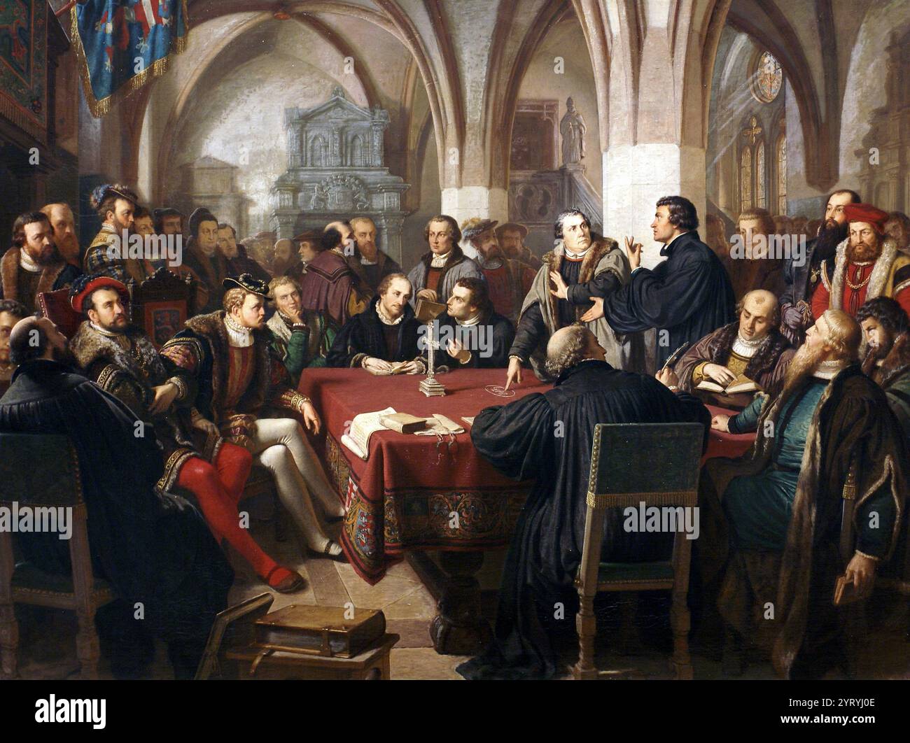 Religiöse Gespräche in Marburg, gemalt von Christian Karl August Noack (1822–1905) 1867. Zeigt Martin Luthers Streit mit dem Schweizer Reformator Ulrich Zwingli 1529 in Marburg über das Verständnis des Abendmahls. Landgraf Philipp der Großmütige, der in Marburg residierte und die Reformation in Hessen eingeführt hatte, lud zu dieser Debatte ein. Er sitzt links am Tischrand, neben ihm Herzog Ulrich von W?rttemberg. Stockfoto