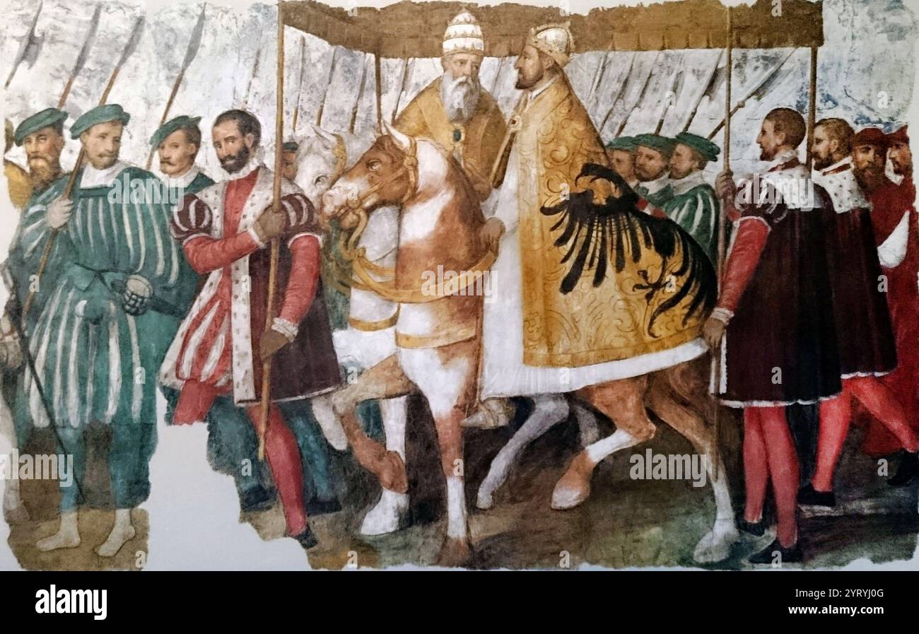 Papst Clemens VII. Und Kaiser Karl V. zu Pferd, von Jacopo Ligozzi, um 1580. Das Gemälde zeigt den Eintritt des Papstes und des Kaisers in Bologna im Jahre 1530, als letzterer vom Papst zum Kaiser des Heiligen Römischen Reiches gekrönt wurde. Stockfoto