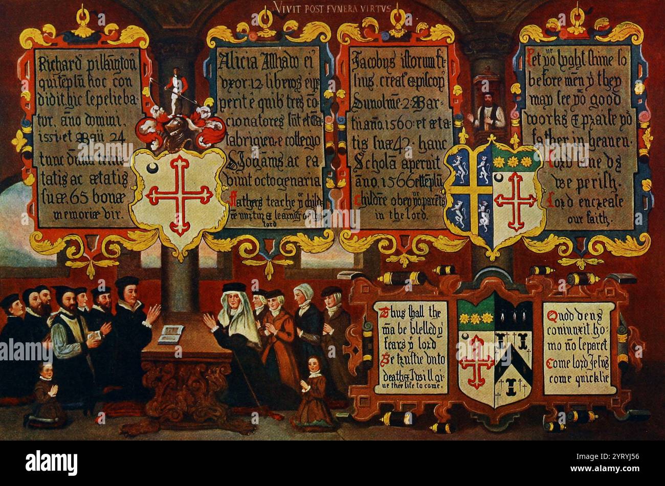 Das „Pilkington Painting“ Rivington Church, Rivington, Lancashire. 1835 Kopie des Originals aus dem Jahr 1566. Die Schilde zeigen das väterliche Wappen des Bischofs, sein verstärktes Wappen als Bischof und das Wappen von Kingsmill für seine Frau. James Pilkington (1520?1576) war der erste protestantische Bischof von Durham von 1561 bis zu seinem Tod 1576. Als die Nachfolge an Königin Mary I. fiel, entkam Pilkington den marianischen Verfolgungen in England, indem er auf den Kontinent floh. 1559 kehrte er nach dem Tod von Königin Mary nach England zurück. Stockfoto