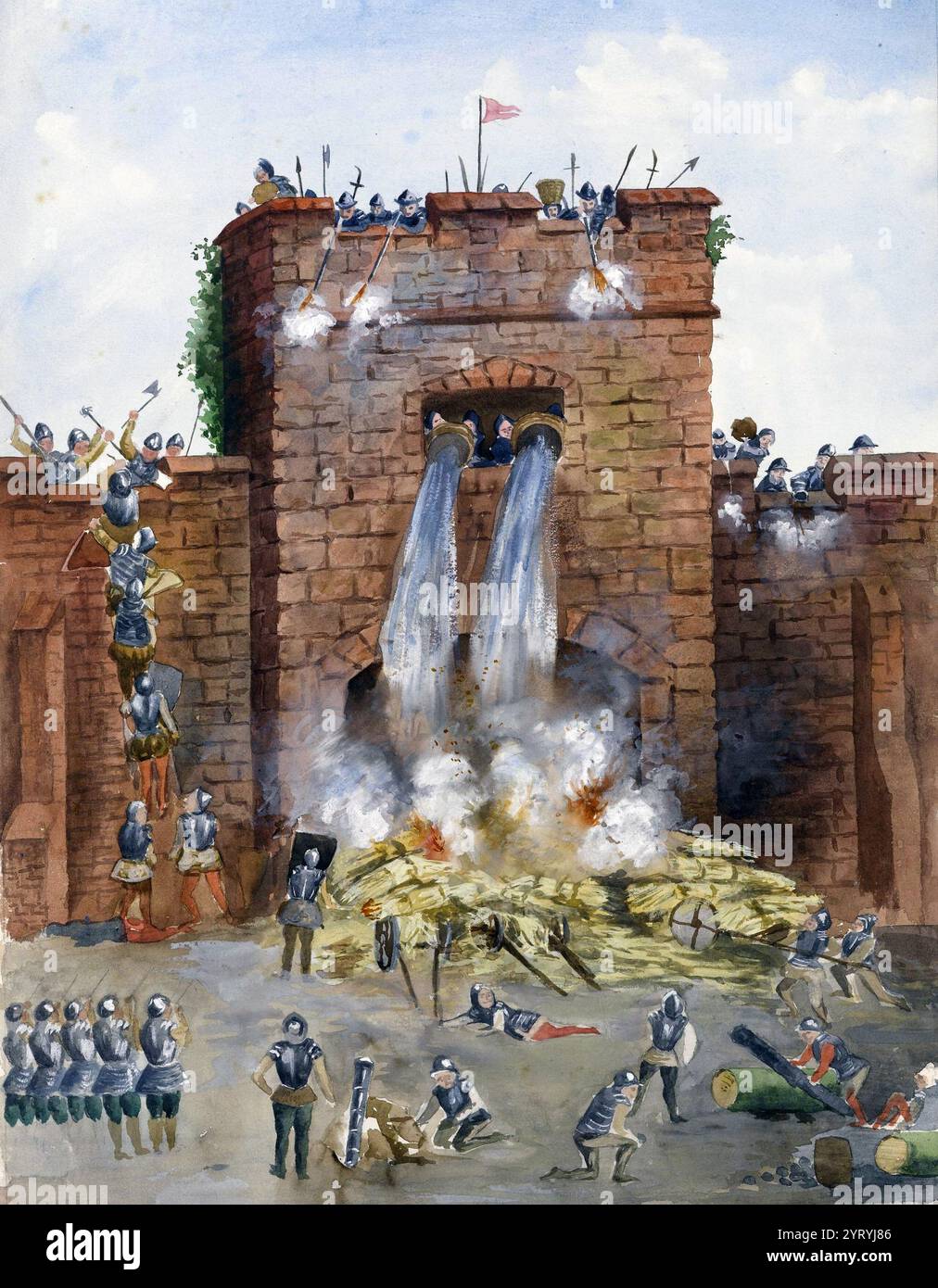 Rebellen unter Perkin Warbeck versuchen, das Westtor zu verbrennen. Aquarellzeichnung um 1900. Perkin Warbeck (ca. 1474 ? 23. November 1499) war ein Anwärter auf den englischen Thron, der behauptete, Richard von Shrewsbury, Duke of York, der zweite Sohn von Eduard IV. Und einer der sogenannten Prinzen im Tower war. Stockfoto