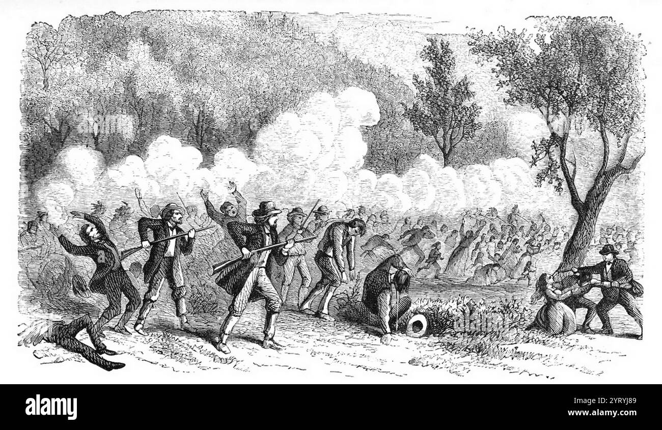 Der Bäcker? Fancher waren eine Gruppe amerikanischer westlicher Emigranten aus den Countys Marion, Crawford, Carroll und Johnson in Arkansas, die das Carroll County im April 1857 verließen und von den Mormonen in der Nähe des Randes des des Great Basin und etwa 50 Meilen von Cedar City im Utah Territorium angegriffen wurden. Alle Emigranten, mit Ausnahme von 17 Kindern, wurden damals und dort beim Mountain Meadows Massaker massakriert. Quellen schätzen, dass am 11. September 1857 bei Mountain Meadows, einer Raststätte auf dem Old Spanish Trail, im Utah Territor, zwischen 120 und 140 Männer, Frauen und Kinder getötet wurden Stockfoto