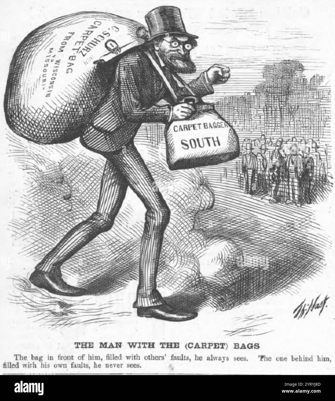 Harper's Weekly Cartoon-Darstellung von Carpetbagger in artikel Carpetbagger. 1872. Teppichbagger waren opportunistische Nordländer, die nach dem Amerikanischen Bürgerkrieg in die südstaaten kamen und als Ausbeutung der lokalen Bevölkerung für ihren eigenen finanziellen, politischen oder sozialen Gewinn empfunden wurden. Der Begriff umfasste sowohl Personen, die republikanische Politik fördern wollten, als auch Personen, die aufgrund des chaotischen Zustands der lokalen Wirtschaft nach dem Krieg geschäftliche und politische Chancen sahen. Stockfoto