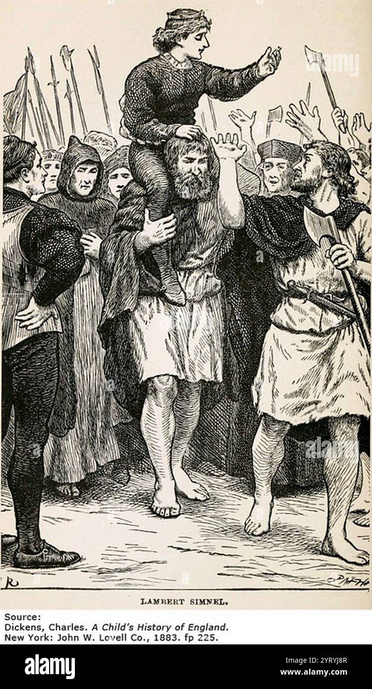 Lambert Simnel (ca. 1477 ? Nach 1534) war ein Anwärter auf den Thron von England. 1487 bedrohte sein Anspruch, Edward Plantagenet, 17. Earl of Warwick, die neu gegründete Herrschaft Heinrichs VII. (1485?1509). Simnel wurde zum Aushängeschild einer Yorkistischen Rebellion, die von John de la Pole, Earl of Lincoln, organisiert wurde. Die Rebellion wurde 1487 niedergeschlagen. Simnel wurde wegen seiner zärtlichen Lebensjahre begnadigt und danach vom königlichen Haushalt als Skullion angestellt. Stockfoto