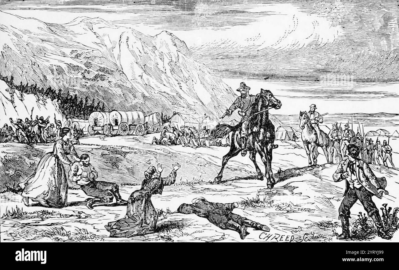 Der Bäcker? Fancher waren eine Gruppe amerikanischer westlicher Emigranten aus den Countys Marion, Crawford, Carroll und Johnson in Arkansas, die das Carroll County im April 1857 verließen und von den Mormonen in der Nähe des Randes des des Great Basin und etwa 50 Meilen von Cedar City im Utah Territorium angegriffen wurden. Alle Emigranten, mit Ausnahme von 17 Kindern, wurden damals und dort beim Mountain Meadows Massaker massakriert. Quellen schätzen, dass am 11. September 1857 bei Mountain Meadows, einer Raststätte auf dem Old Spanish Trail, im Utah Territor, zwischen 120 und 140 Männer, Frauen und Kinder getötet wurden Stockfoto