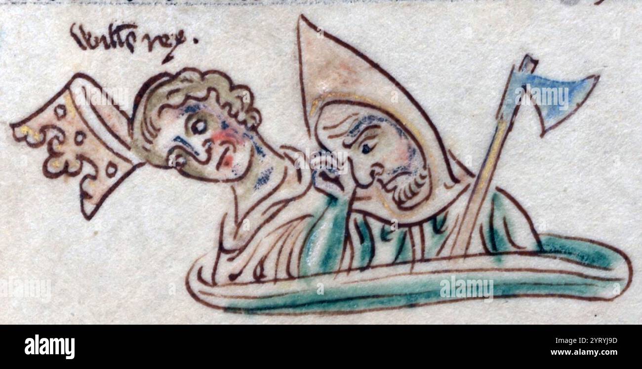 Aufnahme von Wilhelm I., König von Schottland, wie es auf Folio 134r des Cambridge Corpus Christi College 26 erscheint. Wilhelm war damals ein Schlüsselspieler in der Revolte von 1173?74 gegen Heinrich II., die von Heinrichs Söhnen mit kurzlebiger Unterstützung von Ludwig VII. Geführt wurde.[3] 1174, in der Schlacht von Alnwick, Griff Wilhelm während eines Überfalls zur Unterstützung der Revolte die englischen Truppen rücksichtslos an und rief: „Jetzt werden wir sehen, wer von uns gute Ritter sind!“ Er wurde von Heinrichs Truppen unter Ranulf de Glanvill gefangen genommen und in Ketten nach Newcastle, dann nach Northampton gebracht und dann nach Newcastle gebracht Stockfoto