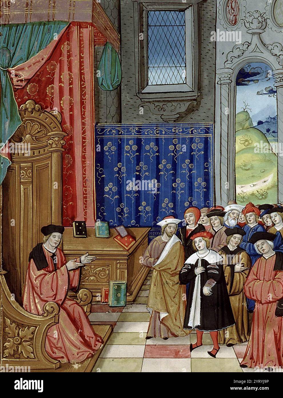 John of Salisbury lehrte Philosophie, Frontispiece Miniatur des Policraticus von John of Salisbury, übersetzt von Denis Foulechat. Von ?tienne Colaud (fl. Von 1512 bis 1541) Stockfoto
