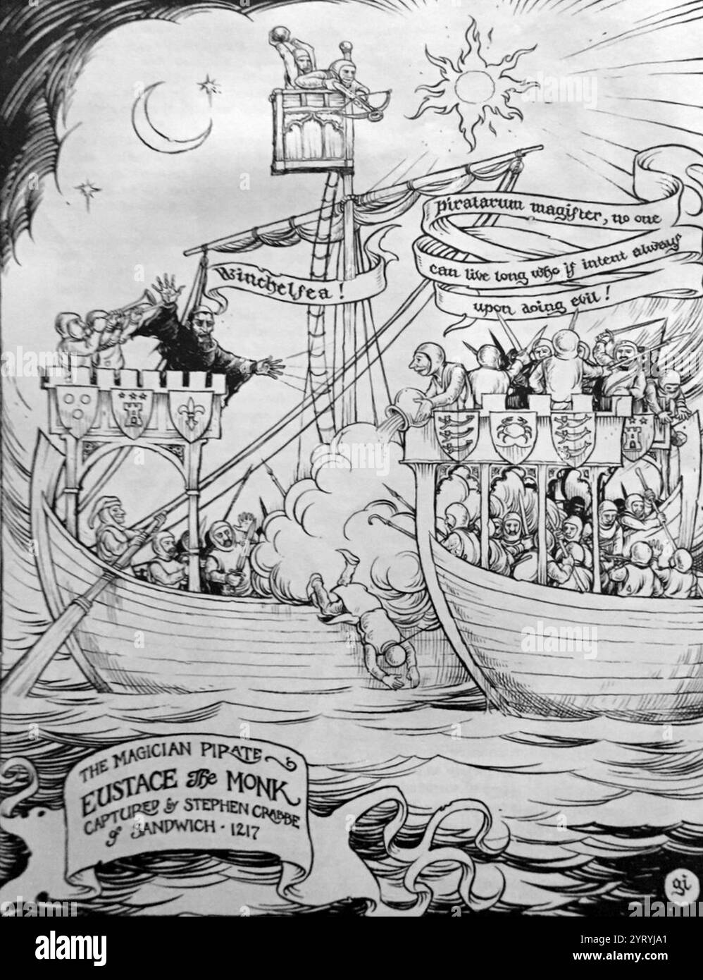 Abbildung aus dem 20. Jahrhundert, die die Schlacht von Sandwich 1217 zeigt. Die Schlacht von Sandwich am 24. August 1217 während des Ersten Baronenkrieges. Eine englische Plantagenet-Flotte unter dem Kommando von Hubert de Burgh Griff eine kapettische französische Flotte an, angeführt von Eustace dem Mönch und Robert von Courtenay vor Sandwich, Kent. Die Engländer eroberten das französische Flaggschiff und die meisten Versorgungsschiffe und zwangen den Rest der französischen Flotte, nach Calais zurückzukehren. Stockfoto
